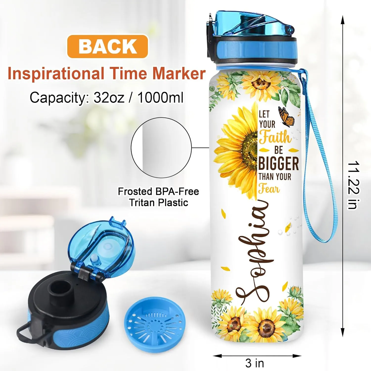 Hyturtle Personalized Let Your Faith Be Bigger Than Fear, God Say You Are 32oz Liter Motivational Water Bottle, Customized Name Sunflower Water Bottle, Gifts For Women Sunflower Lover On Birthday