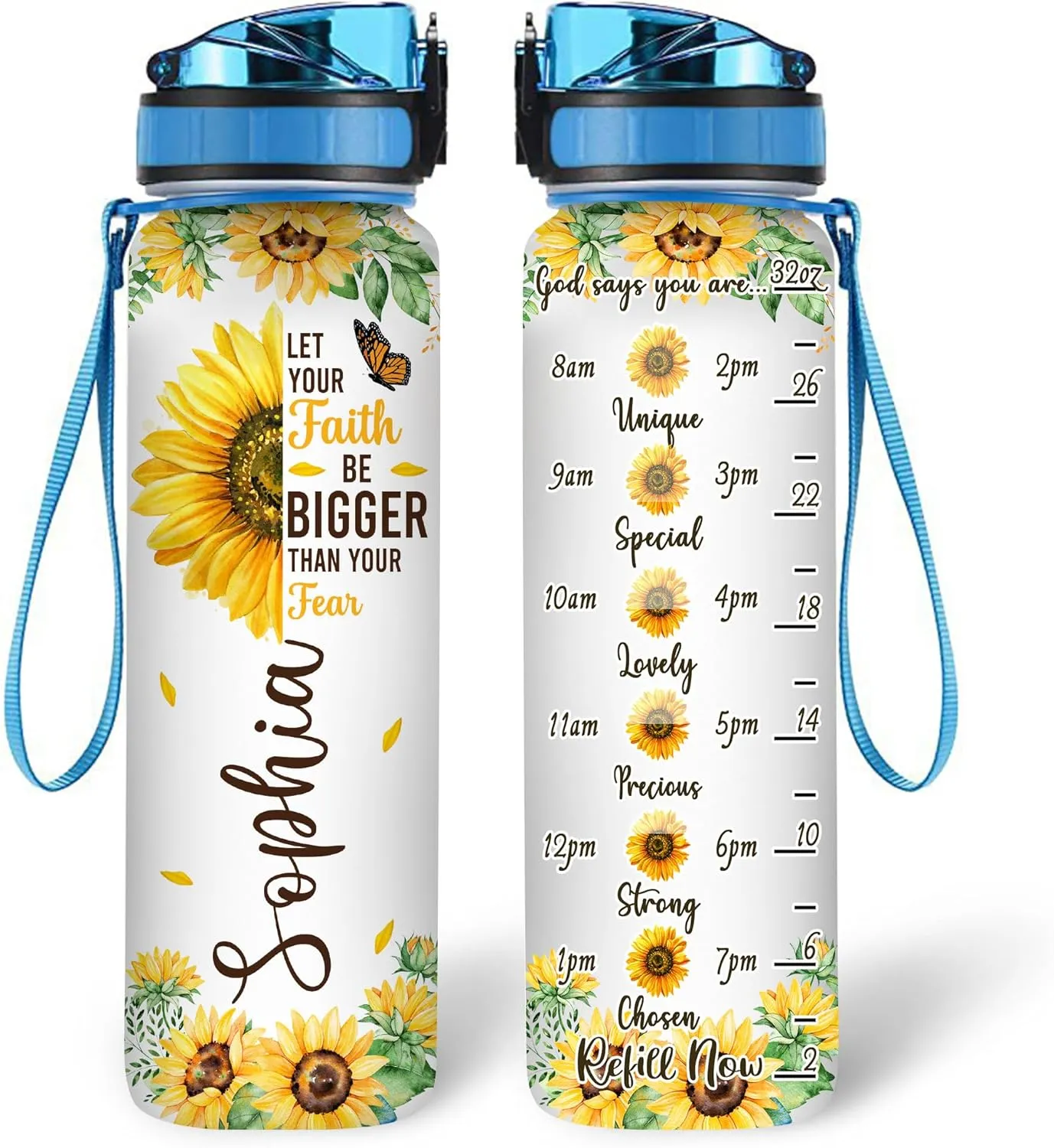 Hyturtle Personalized Let Your Faith Be Bigger Than Fear, God Say You Are 32oz Liter Motivational Water Bottle, Customized Name Sunflower Water Bottle, Gifts For Women Sunflower Lover On Birthday
