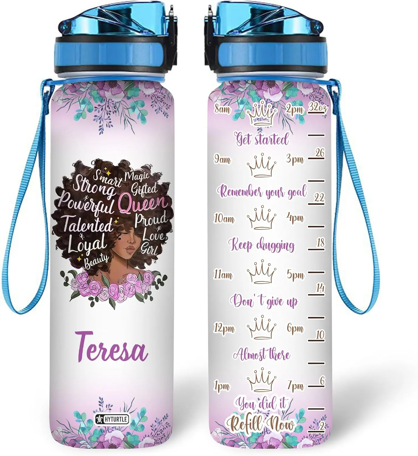 Hyturtle Personalized Magic Gifted Queen Proud Love Girl 32Oz Liter Motivational Water Bottle, Customized Africa American Water Bottle With Time Marker, Gifts For Black Women Girls On Birthday