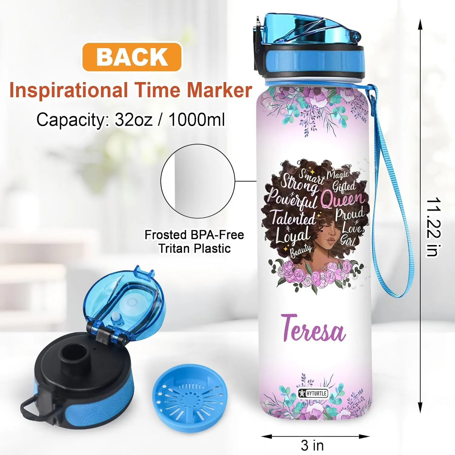 Hyturtle Personalized Magic Gifted Queen Proud Love Girl 32Oz Liter Motivational Water Bottle, Customized Africa American Water Bottle With Time Marker, Gifts For Black Women Girls On Birthday