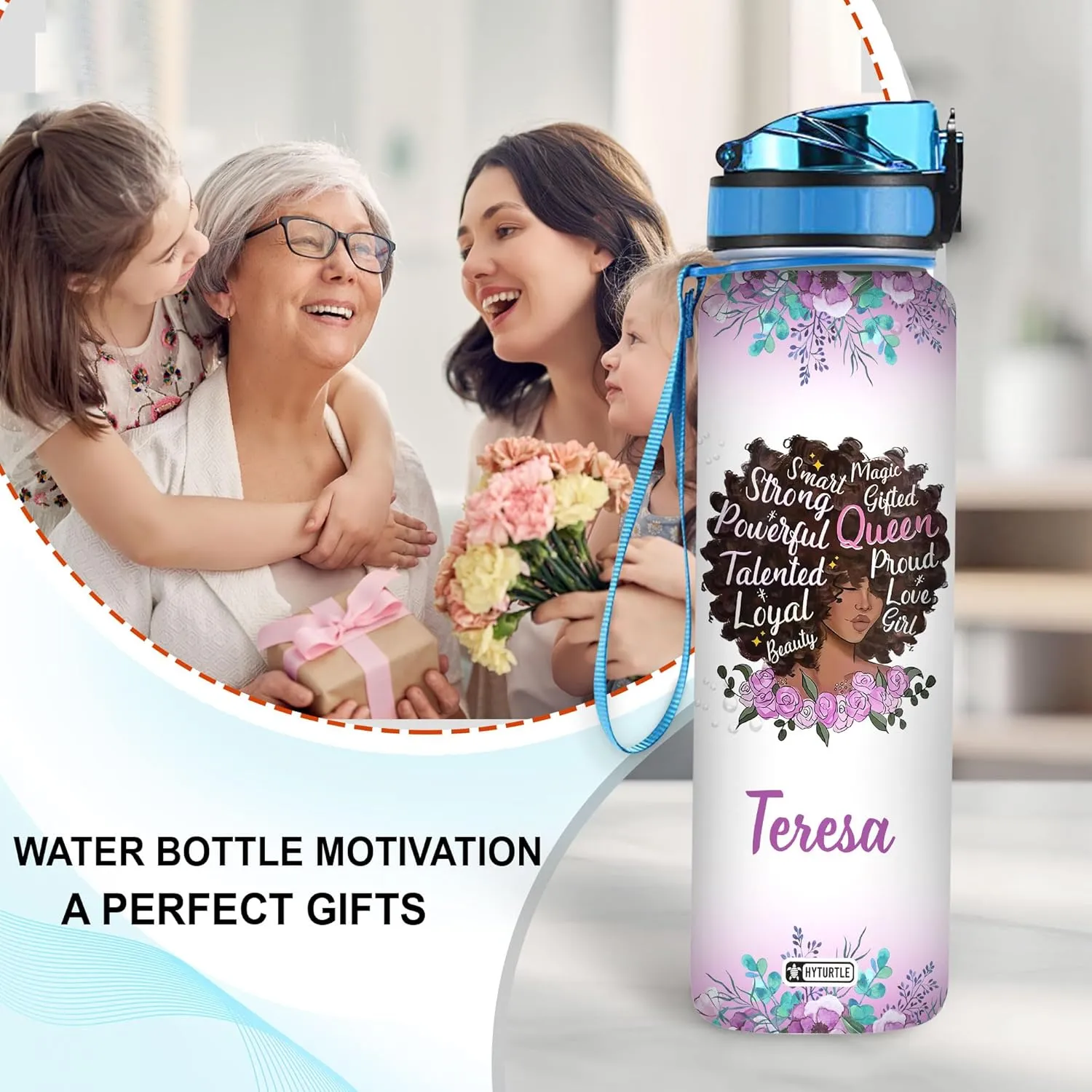 Hyturtle Personalized Magic Gifted Queen Proud Love Girl 32Oz Liter Motivational Water Bottle, Customized Africa American Water Bottle With Time Marker, Gifts For Black Women Girls On Birthday