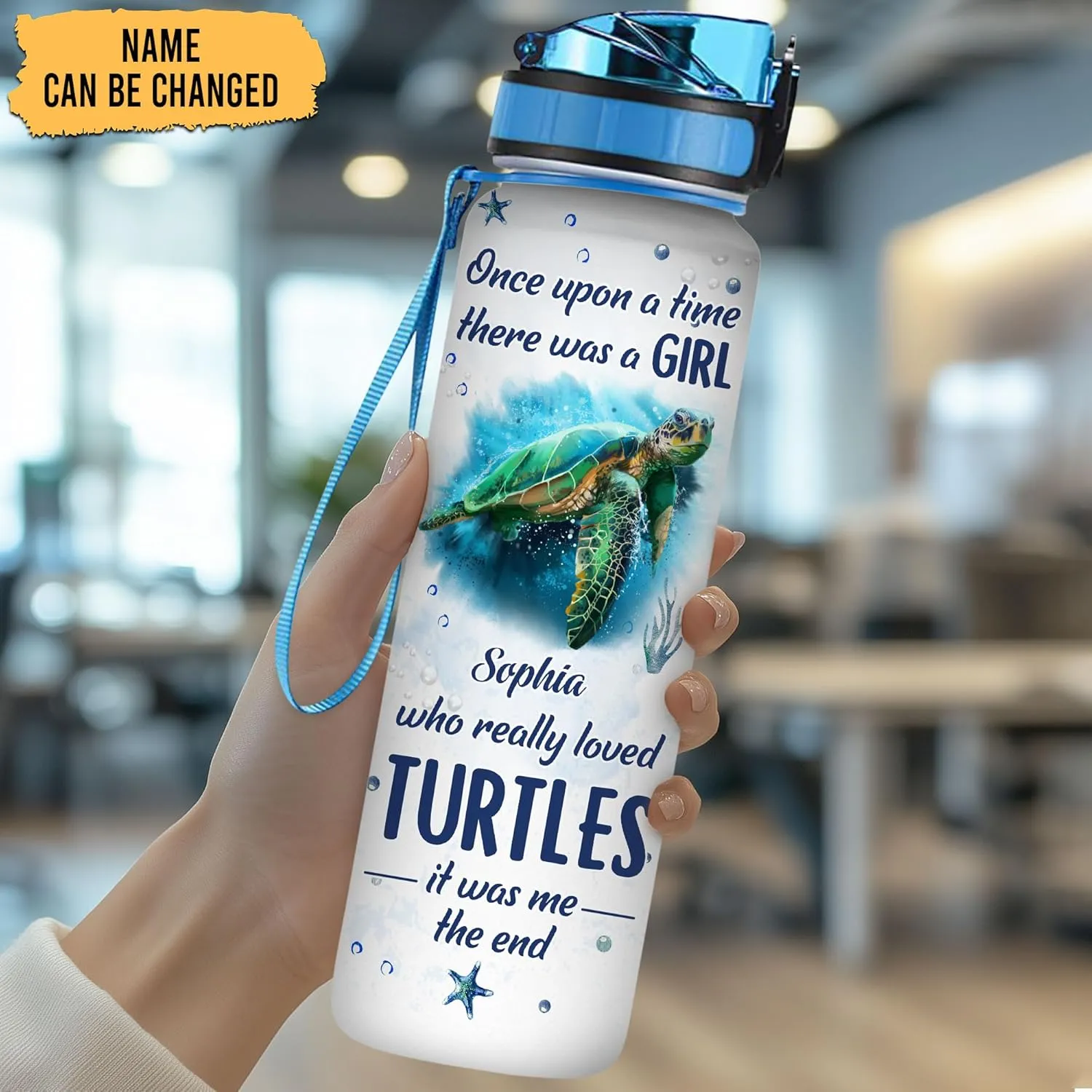 Hyturtle Personalized Once Upon A Time There Was A Girl, 32oz Liter Motivational Water Bottle, Customized Name Tracker Water Bottle With Time Marker Gifts For Women Gifts For Turtle Lover On Birthday
