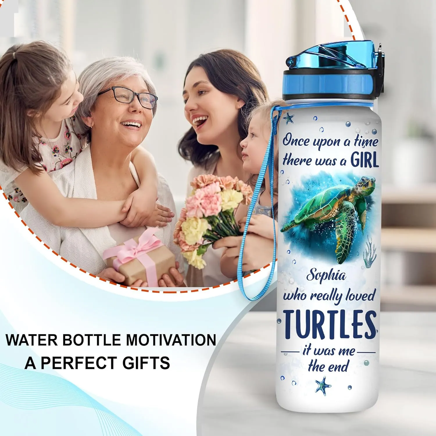 Hyturtle Personalized Once Upon A Time There Was A Girl, 32oz Liter Motivational Water Bottle, Customized Name Tracker Water Bottle With Time Marker Gifts For Women Gifts For Turtle Lover On Birthday