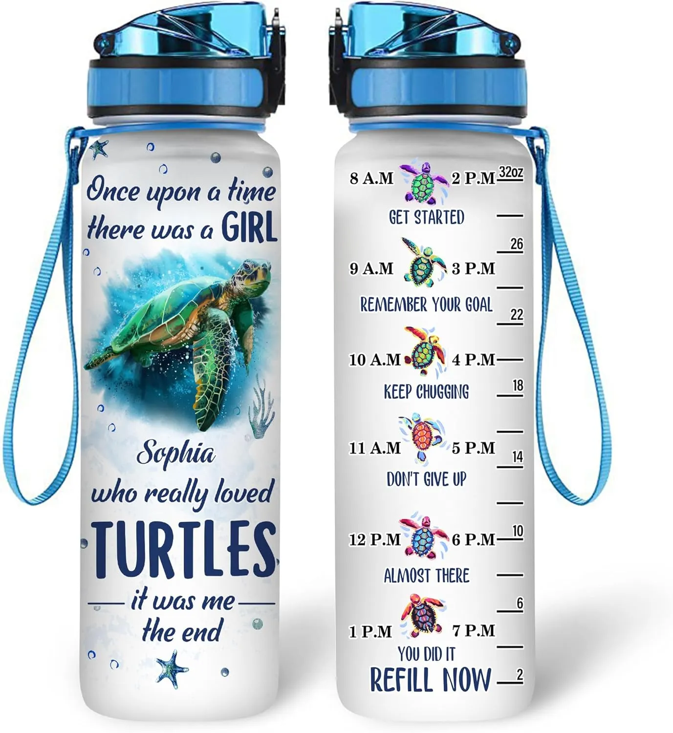 Hyturtle Personalized Once Upon A Time There Was A Girl, 32oz Liter Motivational Water Bottle, Customized Name Tracker Water Bottle With Time Marker Gifts For Women Gifts For Turtle Lover On Birthday