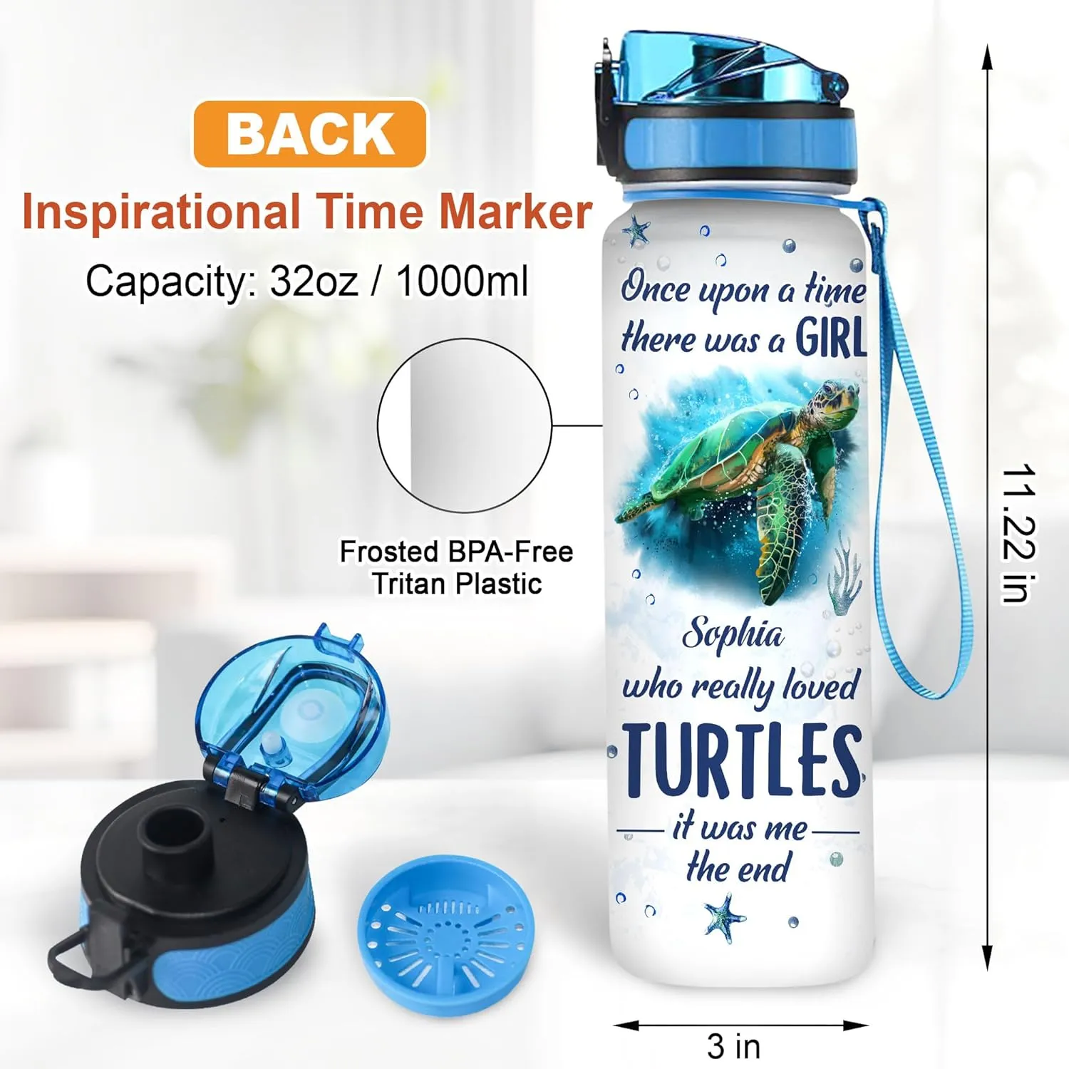 Hyturtle Personalized Once Upon A Time There Was A Girl, 32oz Liter Motivational Water Bottle, Customized Name Tracker Water Bottle With Time Marker Gifts For Women Gifts For Turtle Lover On Birthday