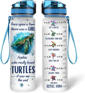 Hyturtle Personalized Once Upon A Time There Was A Girl, 32oz Liter Motivational Water Bottle, Customized Name Tracker Water Bottle With Time Marker Gifts For Women Gifts For Turtle Lover On Birthday