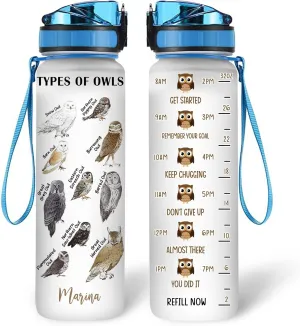 Hyturtle Personalized Owl Lovers 32 Oz 1Liter Motivational Water Bottle, Types Of Owls Customized Name Water Bottle With Time Marker, Animal Lovers Gifts For Women Girl On Birthday, Mother Day's