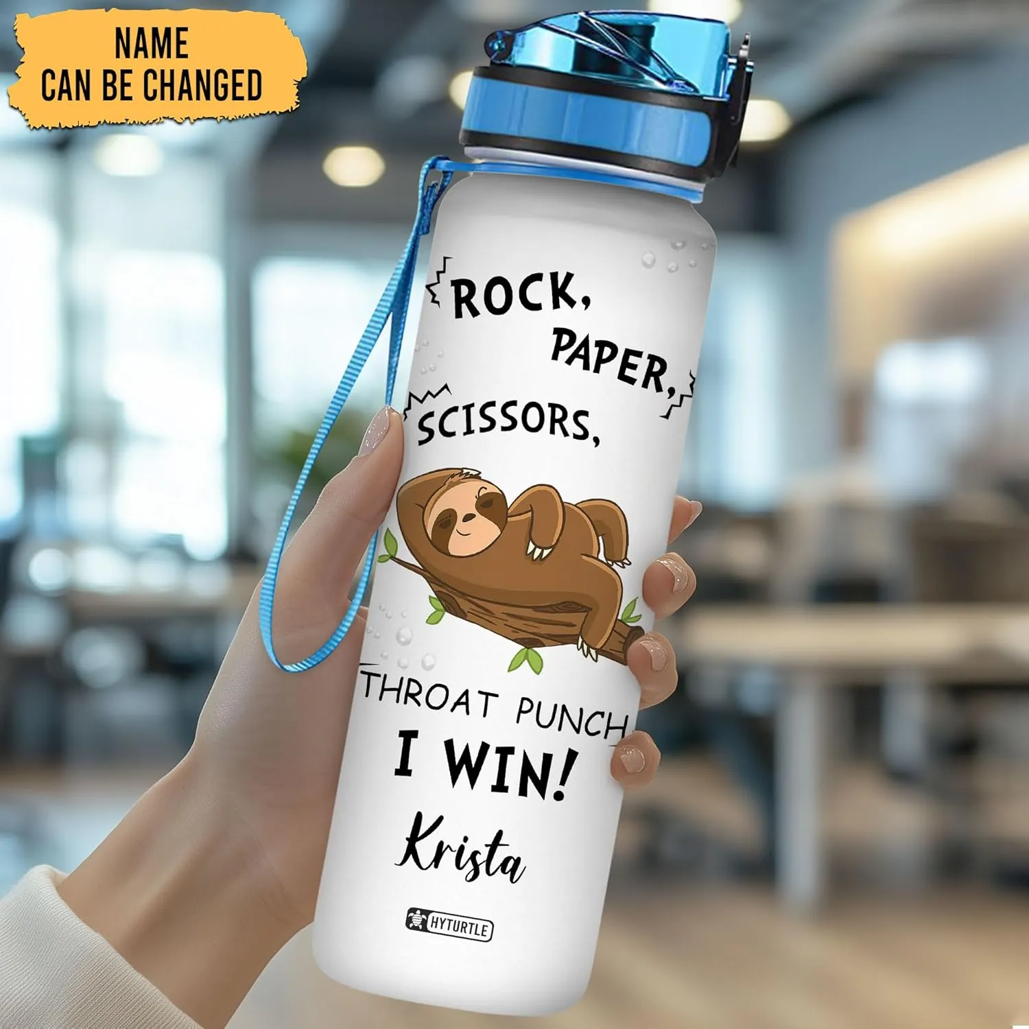 Hyturtle Personalized Rock Paper Scissors Sloth 32oz Liter Motivational Water Bottle, Customized Name Tracking Water Bottle Gifts For Women, Friend, Teen, Sloth Lover On Birthday, Mother's Day