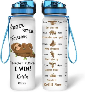 Hyturtle Personalized Rock Paper Scissors Sloth 32oz Liter Motivational Water Bottle, Customized Name Tracking Water Bottle Gifts For Women, Friend, Teen, Sloth Lover On Birthday, Mother's Day