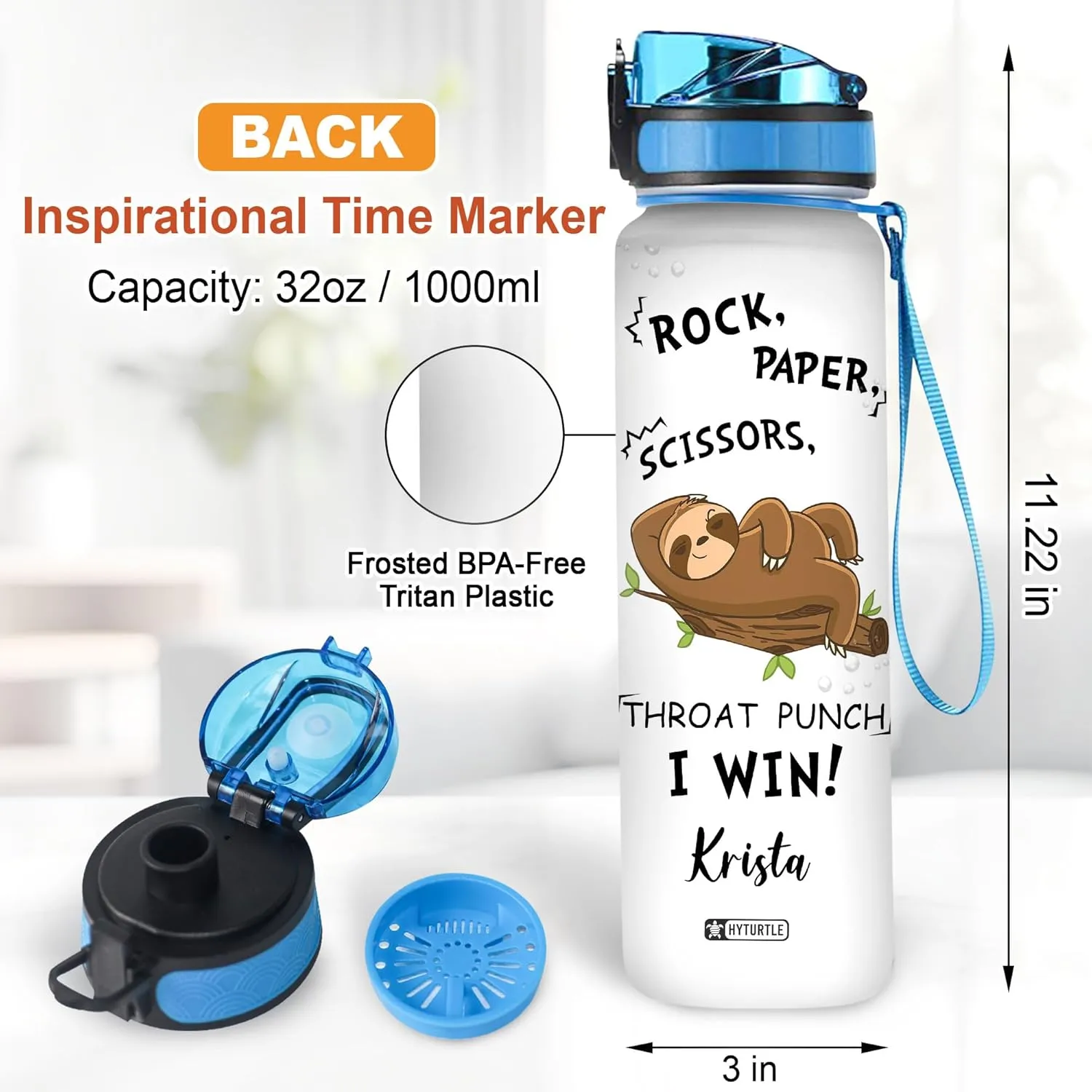 Hyturtle Personalized Rock Paper Scissors Sloth 32oz Liter Motivational Water Bottle, Customized Name Tracking Water Bottle Gifts For Women, Friend, Teen, Sloth Lover On Birthday, Mother's Day