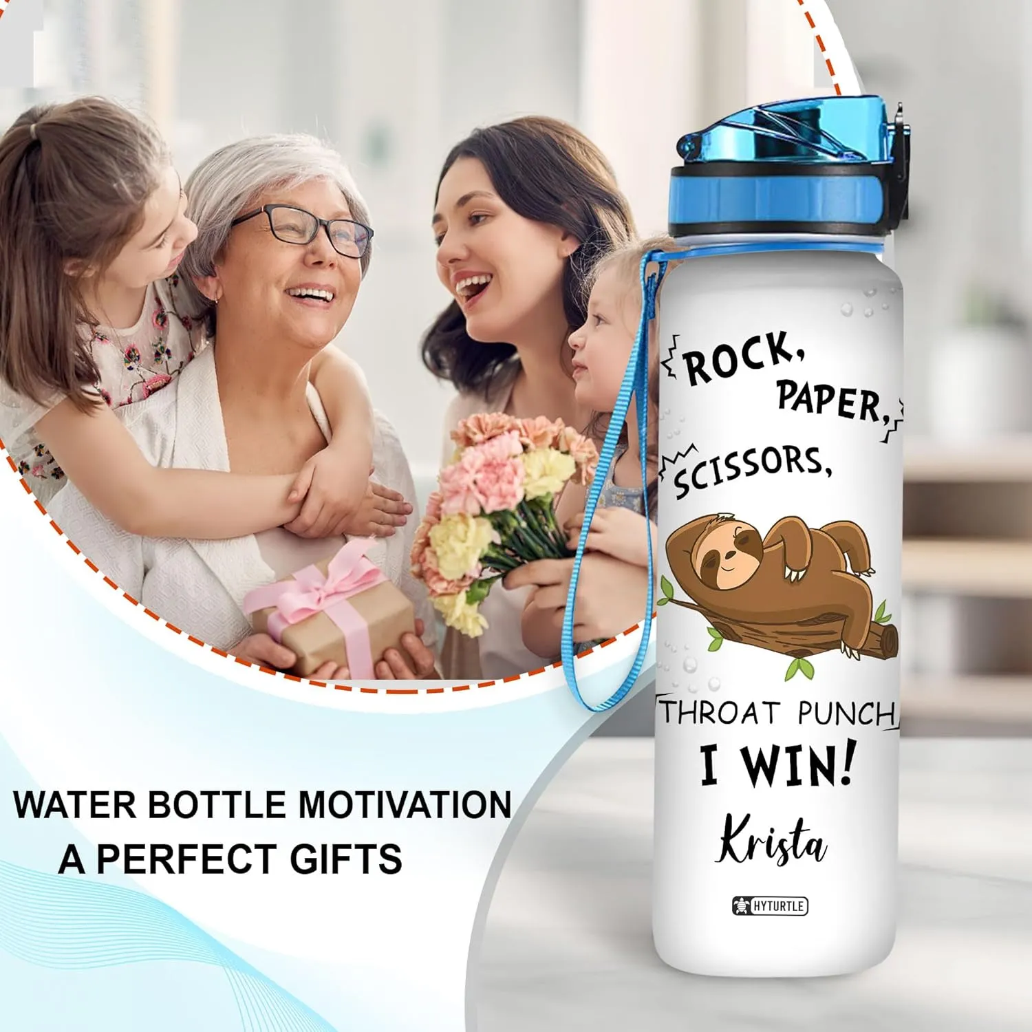 Hyturtle Personalized Rock Paper Scissors Sloth 32oz Liter Motivational Water Bottle, Customized Name Tracking Water Bottle Gifts For Women, Friend, Teen, Sloth Lover On Birthday, Mother's Day