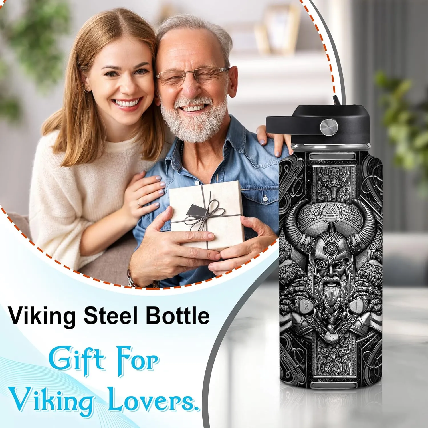 Hyturtle Personalized Viking Water Bottle - Travel Insulated Stainless Steel Bottle with Leak-Proof Lid 18oz 32oz - Viking Celtic Gifts for Men Dad Viking Lovers - Birthday & Christmas Gift