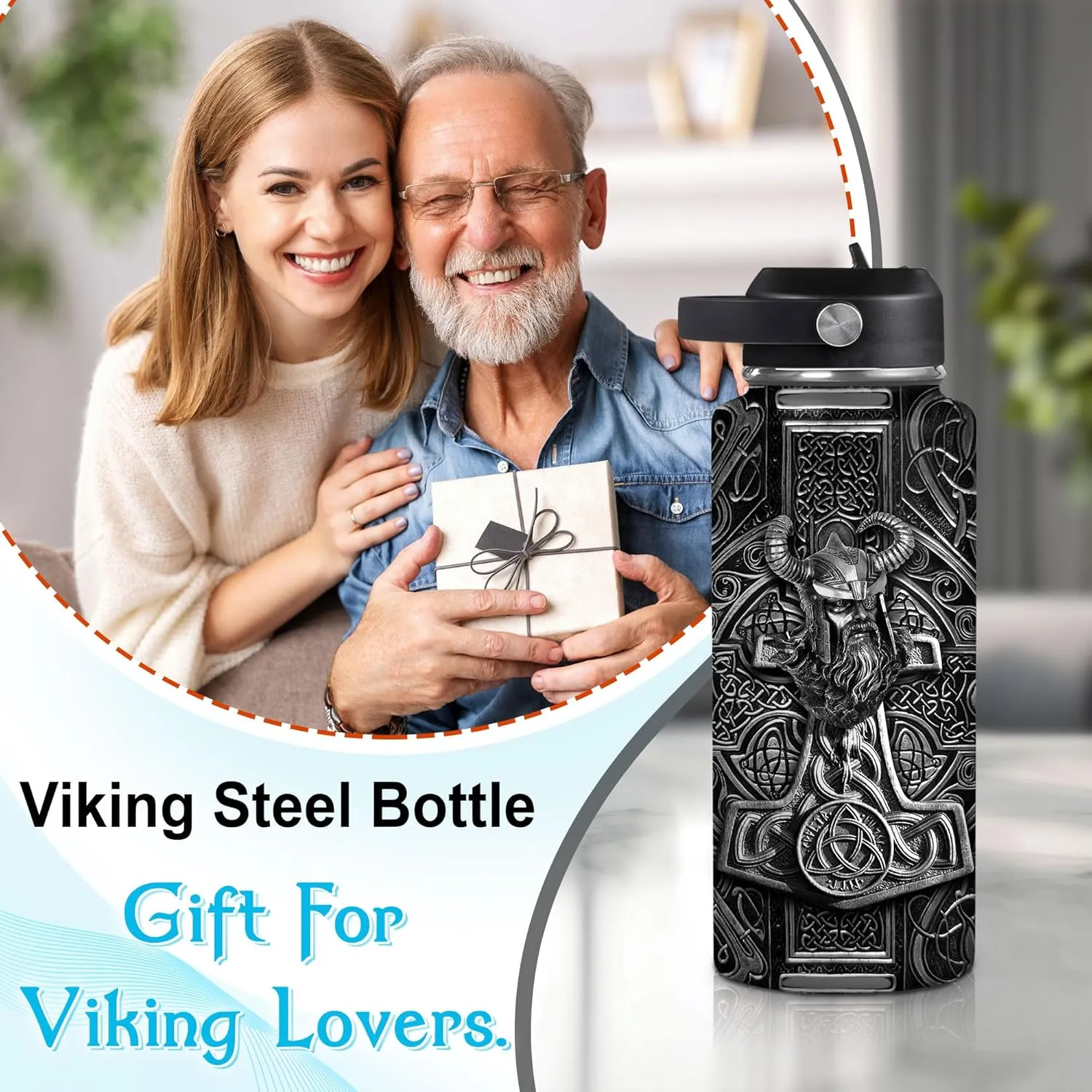 Hyturtle Personalized Viking Water Bottle - Travel Insulated Stainless Steel Bottle with Leak-Proof Lid 18oz 32oz - Viking Celtic Gifts for Men Dad Viking Lovers - Birthday & Christmas Gift
