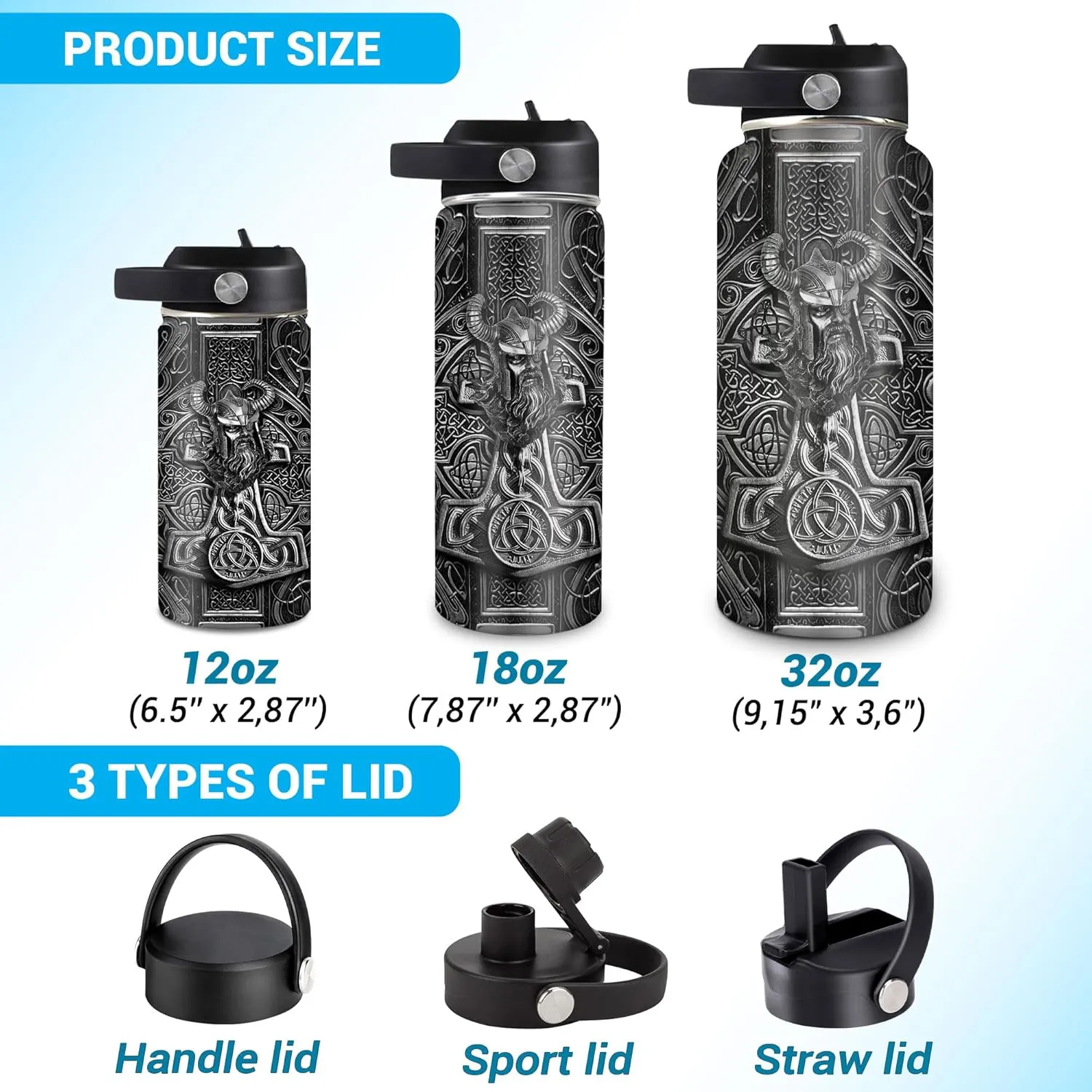 Hyturtle Personalized Viking Water Bottle - Travel Insulated Stainless Steel Bottle with Leak-Proof Lid 18oz 32oz - Viking Celtic Gifts for Men Dad Viking Lovers - Birthday & Christmas Gift