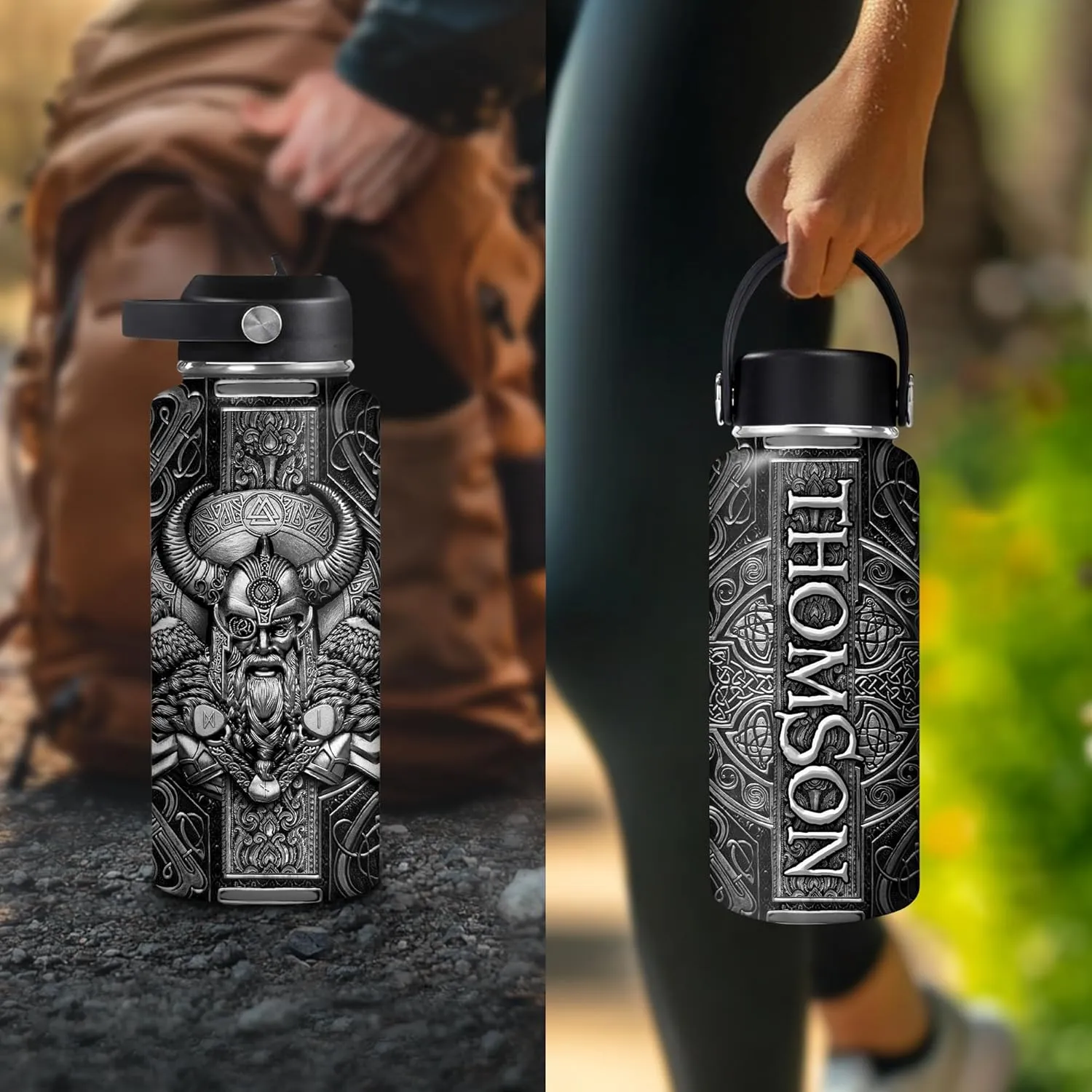 Hyturtle Personalized Viking Water Bottle - Travel Insulated Stainless Steel Bottle with Leak-Proof Lid 18oz 32oz - Viking Celtic Gifts for Men Dad Viking Lovers - Birthday & Christmas Gift