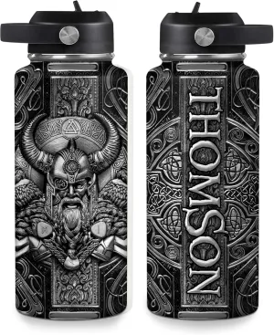 Hyturtle Personalized Viking Water Bottle - Travel Insulated Stainless Steel Bottle with Leak-Proof Lid 18oz 32oz - Viking Celtic Gifts for Men Dad Viking Lovers - Birthday & Christmas Gift