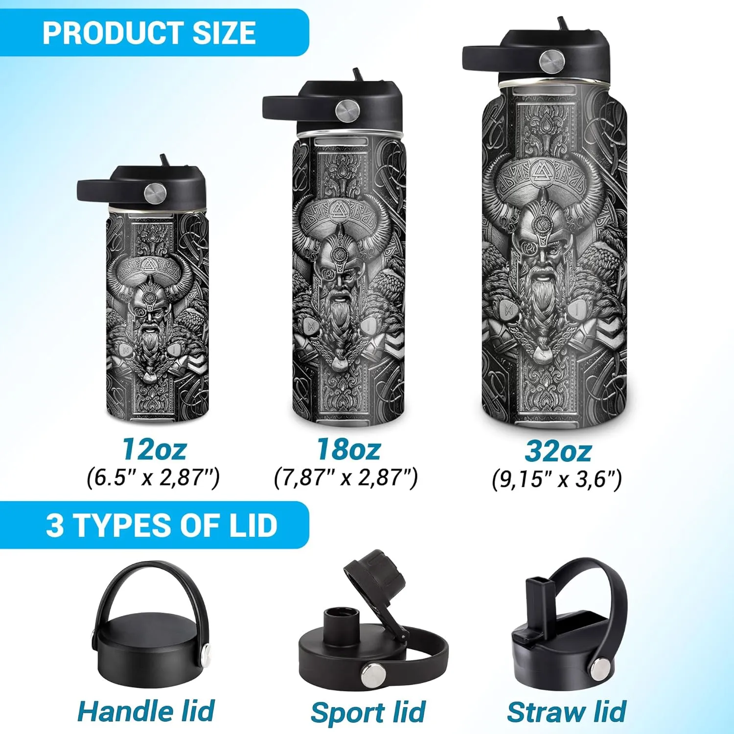 Hyturtle Personalized Viking Water Bottle - Travel Insulated Stainless Steel Bottle with Leak-Proof Lid 18oz 32oz - Viking Celtic Gifts for Men Dad Viking Lovers - Birthday & Christmas Gift