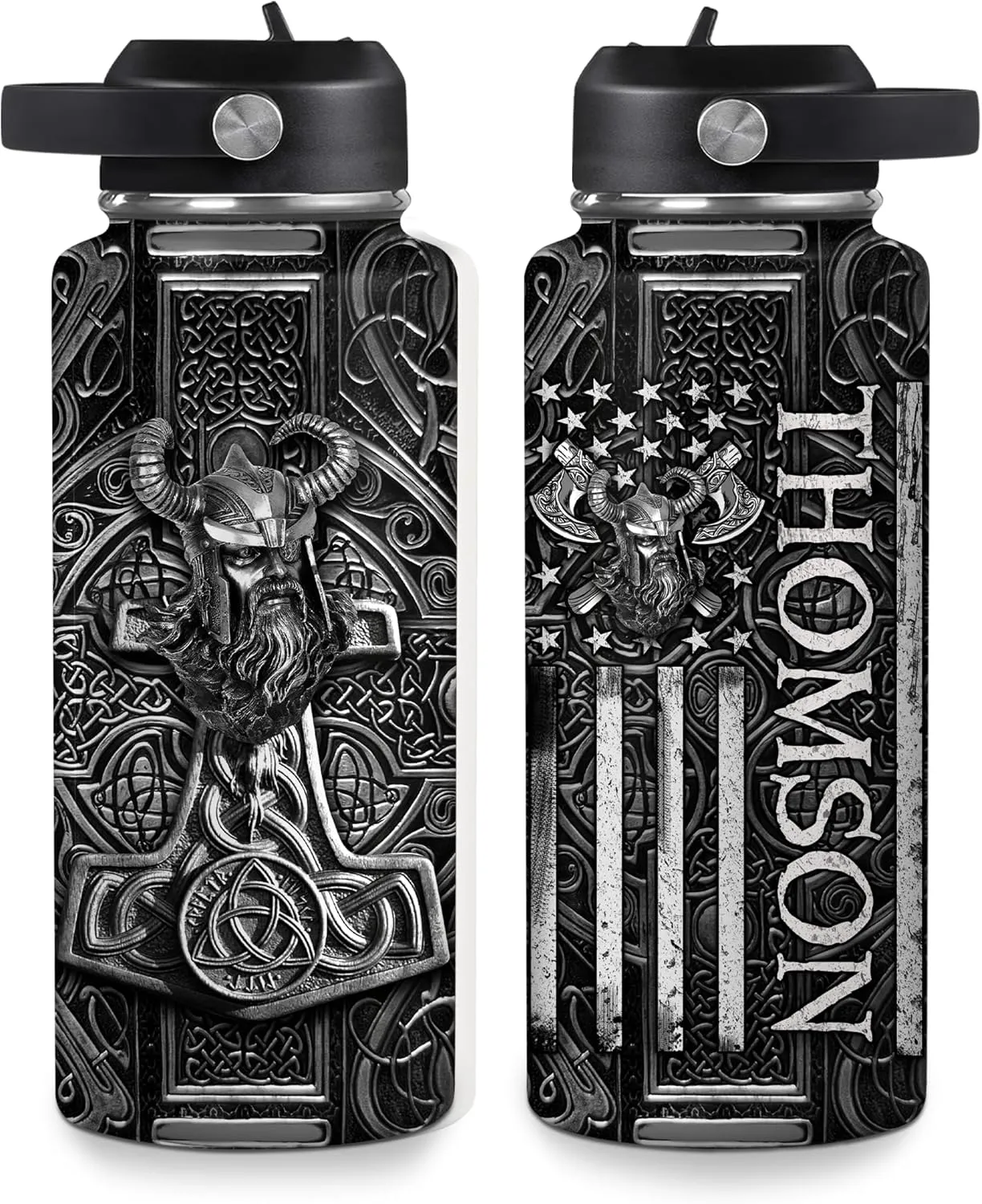 Hyturtle Personalized Viking Water Bottle - Travel Insulated Stainless Steel Bottle with Leak-Proof Lid 18oz 32oz - Viking Celtic Gifts for Men Dad Viking Lovers - Birthday & Christmas Gift