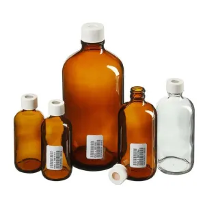 I-Chem Brand S349-0125 300 Series Type III Glass Narrow Mouth Septa Bottle, Amber, With Blue Polypropylene Cap, Capacity: 125mL (Case of 12)