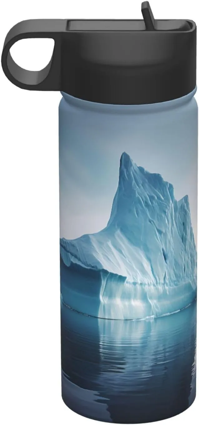 icebergs Travel Insulated Water Bottle (18 oz) for Camping Fitness Outdoor Hiking, Stainless Steel Casual Straw Bottle,