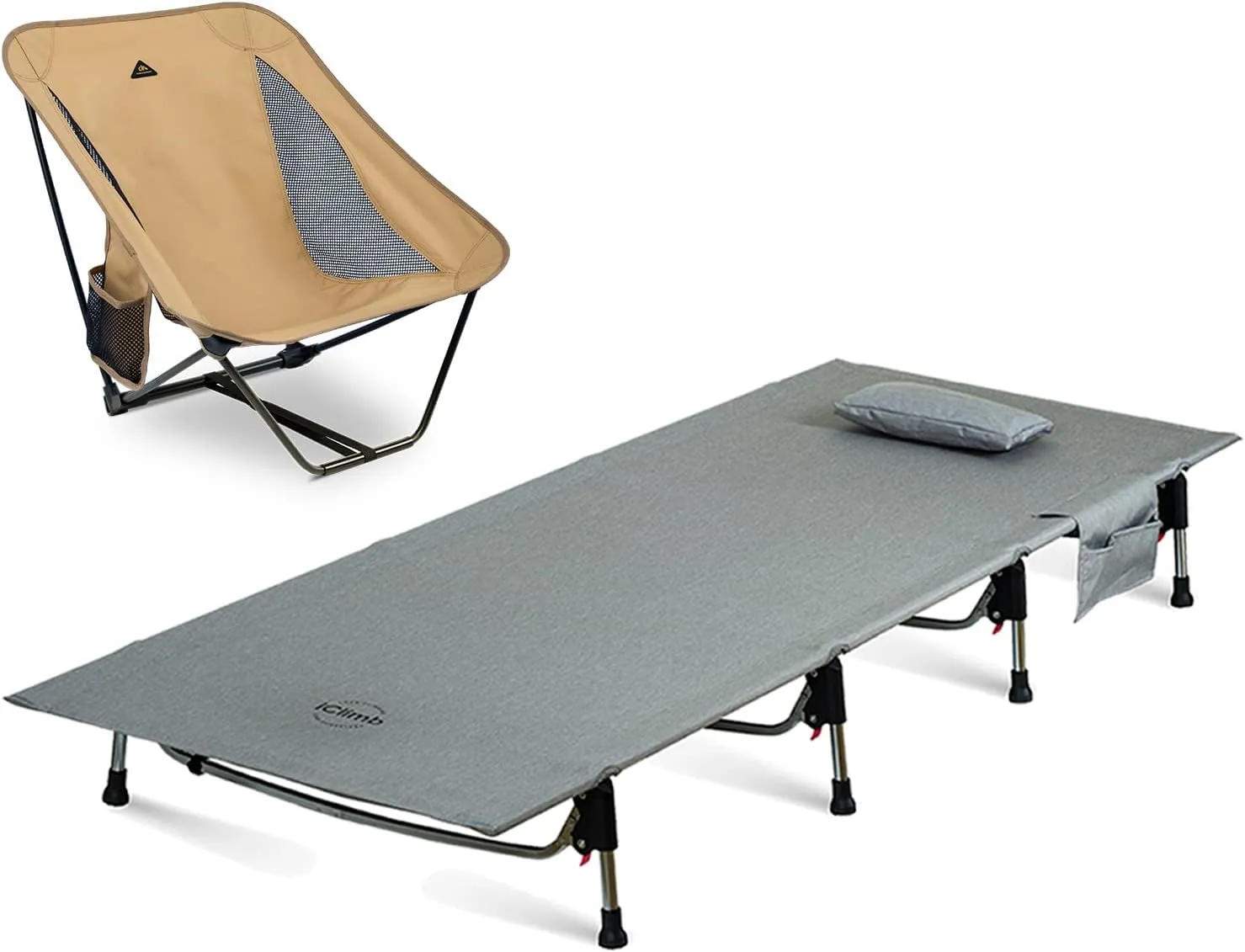 iClimb 1 Low Ground Folding Chair and 1 Super Easy Assemble Cot Bundle, Ultralight Compact for Solo Outdoor Backpacking Camping Hiking Beach Concert
