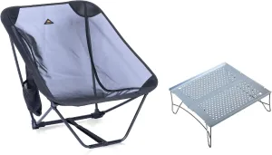 iClimb 1 Low Mesh Folding Chair and 1 Solo Mini Folding Table Bundle, Ultralight Compact for Adults Outdoor Backpacking Camping Hiking Beach Concert Motorcycling