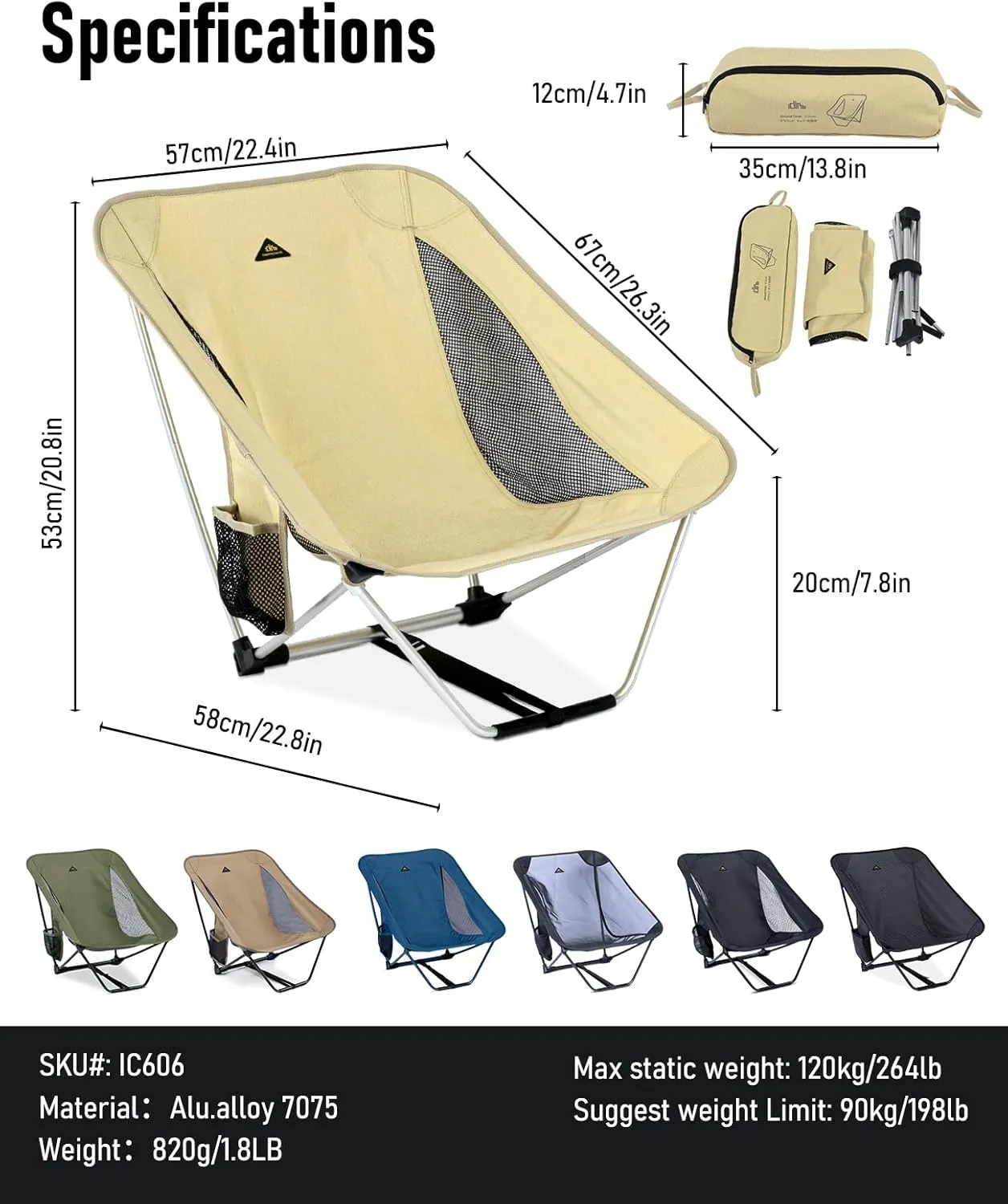 iClimb Low Ultralight Compact Camping Folding Chair with Side Pocket and Carry Bag