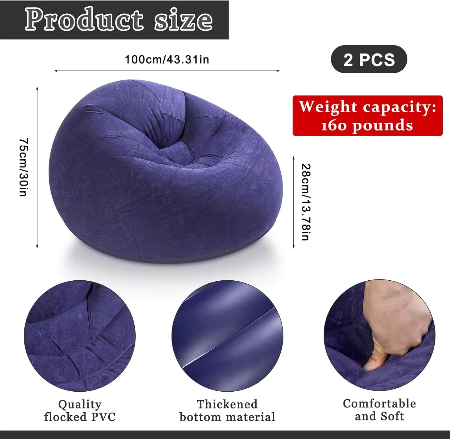 Inflatable Bean Bag Chair for Adults Blow up Lazy Sofa Lounge Folding Portable Movie Night Chair for Reading Room Bedroom Living Room Camping(Blue,2 Pcs)