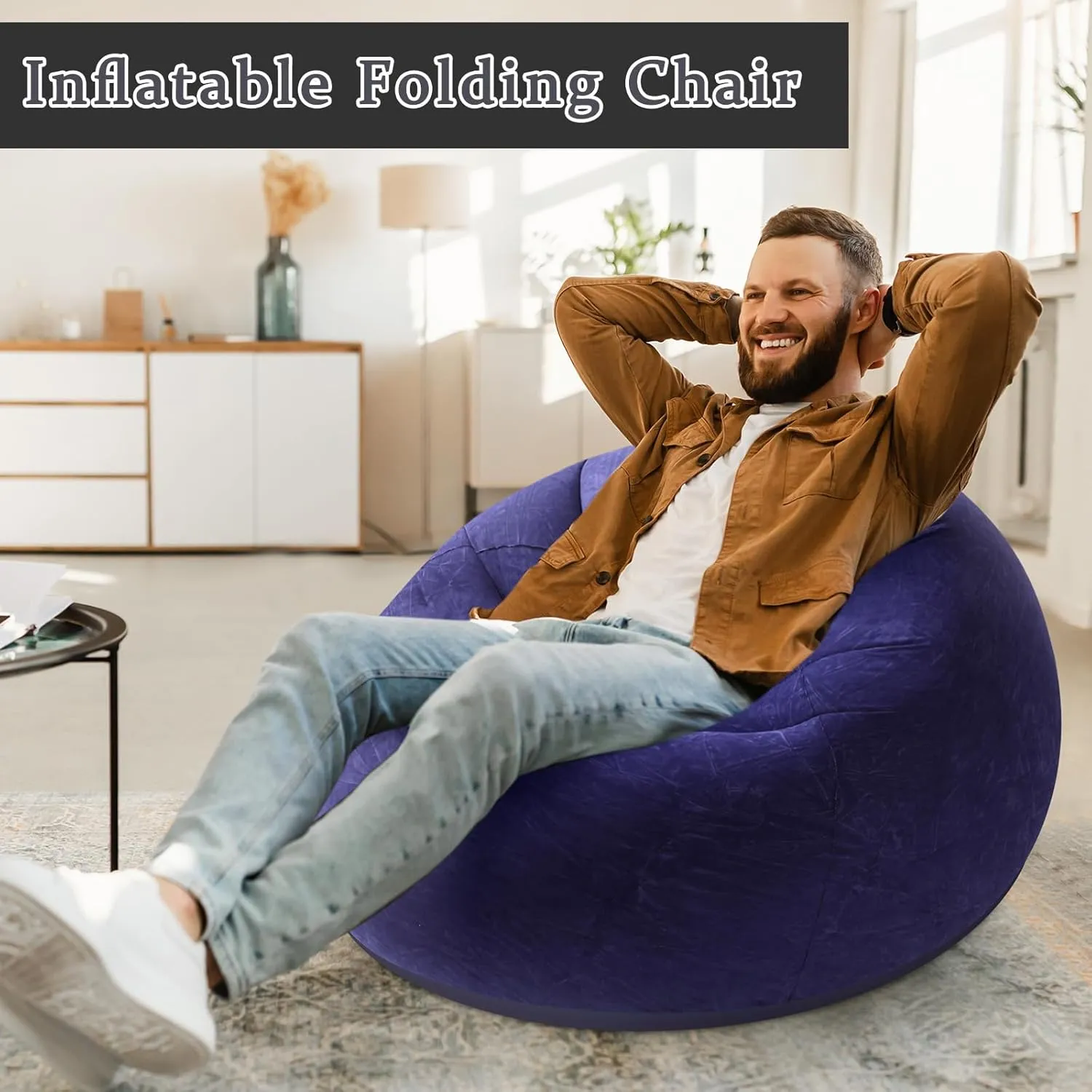 Inflatable Bean Bag Chair for Adults Blow up Lazy Sofa Lounge Folding Portable Movie Night Chair for Reading Room Bedroom Living Room Camping(Blue,2 Pcs)