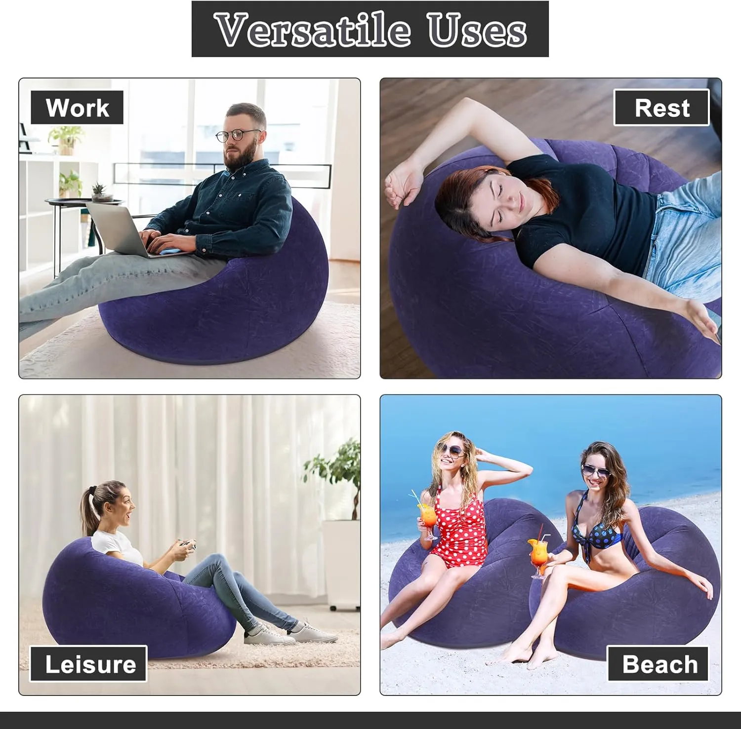 Inflatable Bean Bag Chair for Adults Blow up Lazy Sofa Lounge Folding Portable Movie Night Chair for Reading Room Bedroom Living Room Camping(Blue,2 Pcs)
