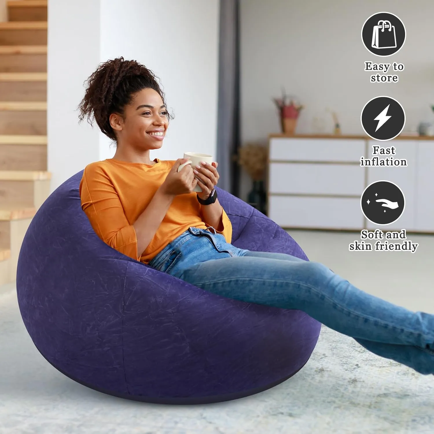 Inflatable Bean Bag Chair for Adults Blow up Lazy Sofa Lounge Folding Portable Movie Night Chair for Reading Room Bedroom Living Room Camping(Blue,2 Pcs)