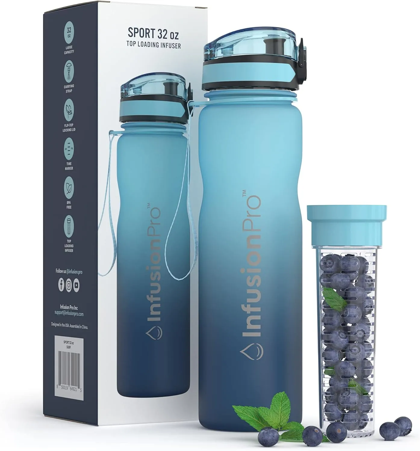 Infusion Pro 32 oz Fruit Infuser Water Bottle with Time Marker - Flip Top Locking Lid, Insulated Sleeve & 50 Recipe Fruit Infusion Water eBook : Leak Proof : for Gym, Sports, Travel : Unique Gift Idea