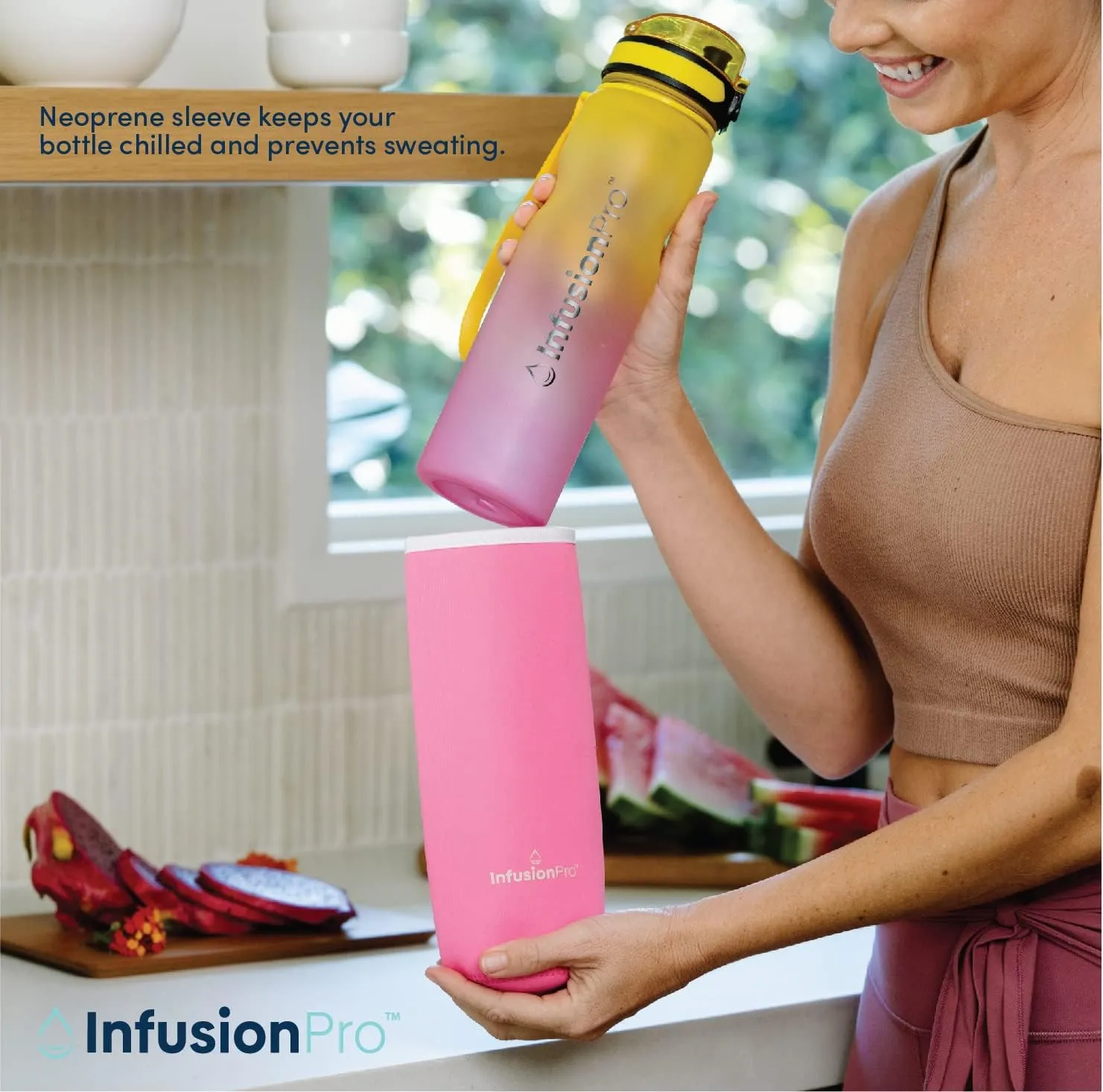 Infusion Pro 32 oz Fruit Infuser Water Bottle with Time Marker - Flip Top Locking Lid, Insulated Sleeve & 50 Recipe Fruit Infusion Water eBook : Leak Proof : for Gym, Sports, Travel : Unique Gift Idea