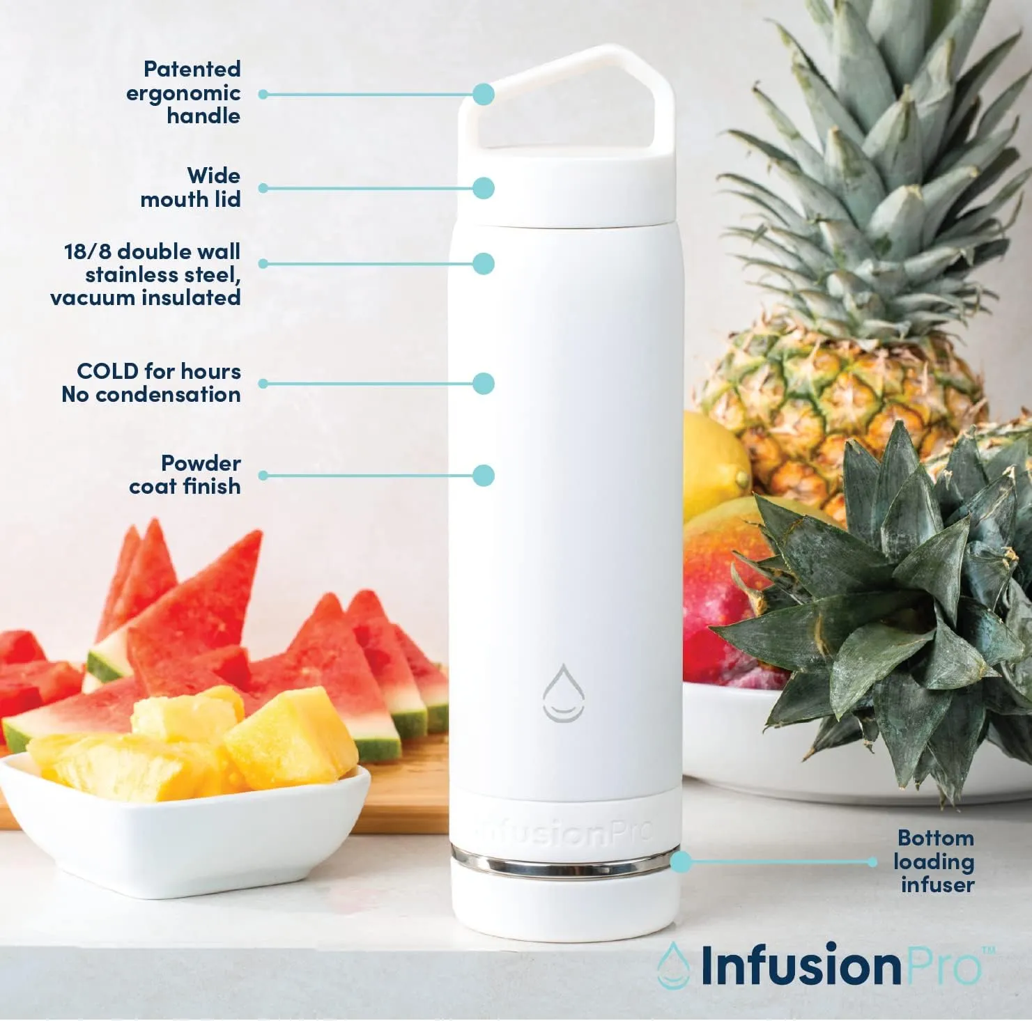 Infusion Pro Fruit Infuser Water Bottle - Vacuum Insulated (20 oz) Stainless Steel : Fruit Infusion Recipe eBook : Bottom Loading for More Flavor : Easy Cleaning : Great Gift
