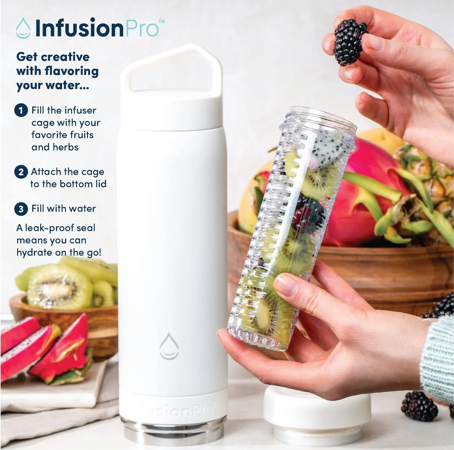Infusion Pro Fruit Infuser Water Bottle - Vacuum Insulated (20 oz) Stainless Steel : Fruit Infusion Recipe eBook : Bottom Loading for More Flavor : Easy Cleaning : Great Gift