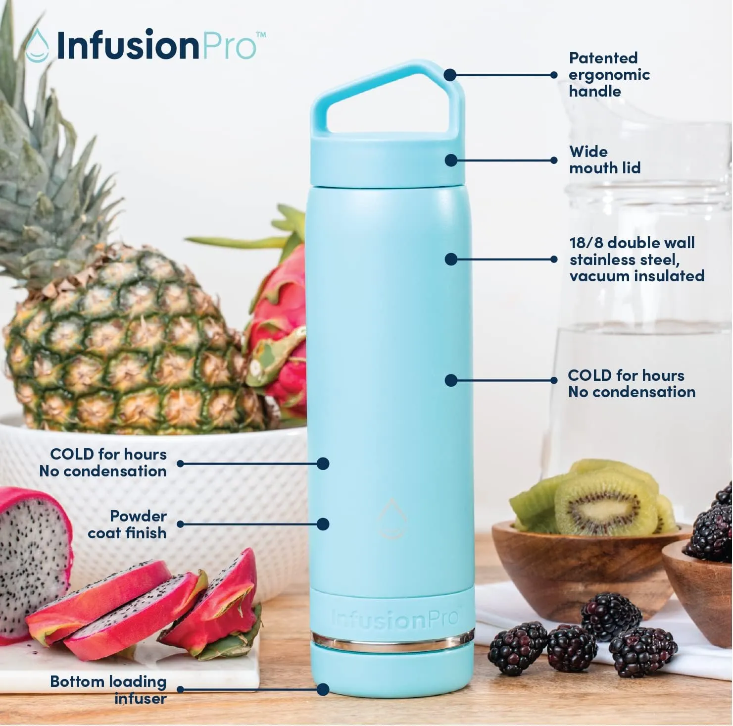 Infusion Pro Fruit Infuser Water Bottle - Vacuum Insulated (20 oz) Stainless Steel : Fruit Infusion Recipe eBook : Bottom Loading for More Flavor : Easy Cleaning : Great Gift