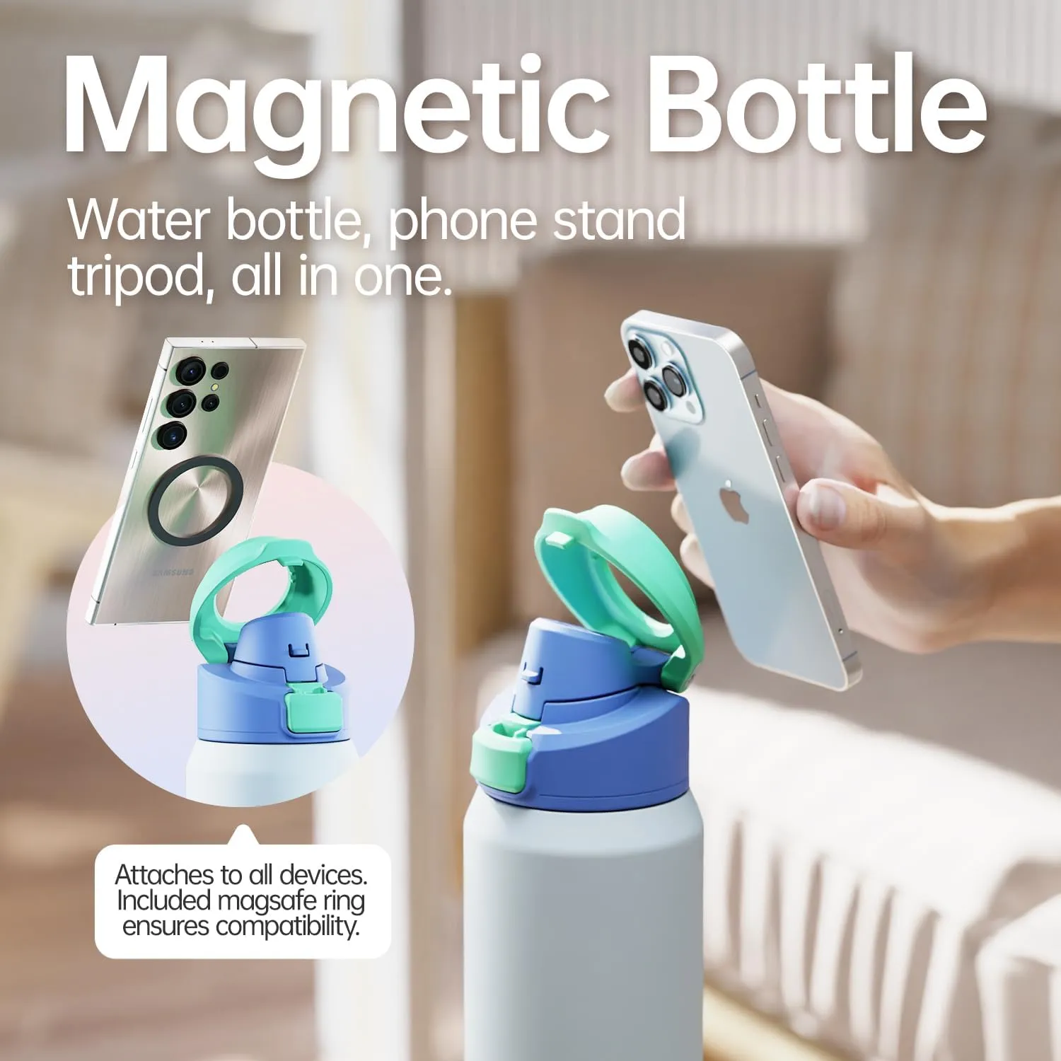 Insulated Magnetic Water Bottle - Reusable Stainless Steel Bottle with MagSafe Compatible Phone Holder - Keeps Cold for 24 Hours - Perfect for Gym, Sports, and Travel - Sky Blue 24oz