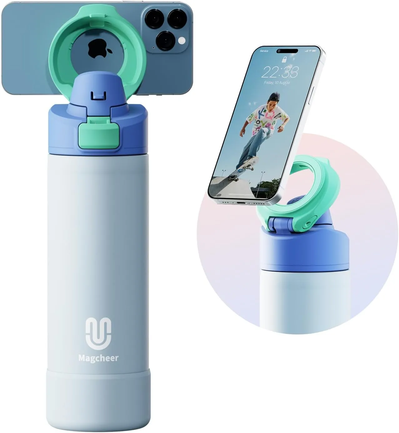 Insulated Magnetic Water Bottle - Reusable Stainless Steel Bottle with MagSafe Compatible Phone Holder - Keeps Cold for 24 Hours - Perfect for Gym, Sports, and Travel - Sky Blue 24oz