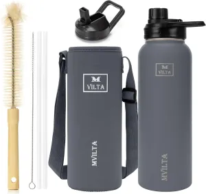 Insulated Stainless Steel Water Bottle-Double Walled Vacuum Reusable Sports Water Bottle With Free Bottle Accessories - Ice: Up to 24 Hrs. Hot: Up to 12 Hrs. 40oz Gray
