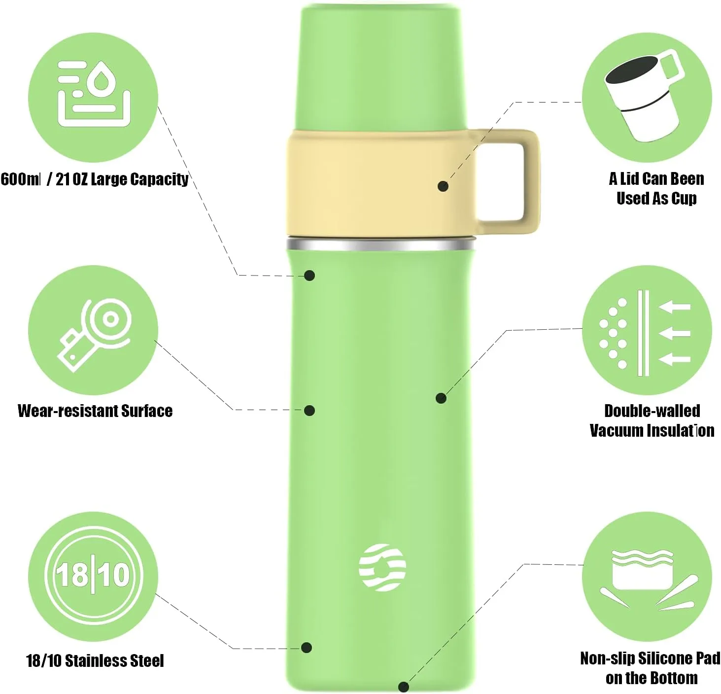 Insulated Stainless Steel Water Bottle with Cup, 21 OZ, Double-Walled Thermal Bottle for Hot & Cold Drinks, Light Green