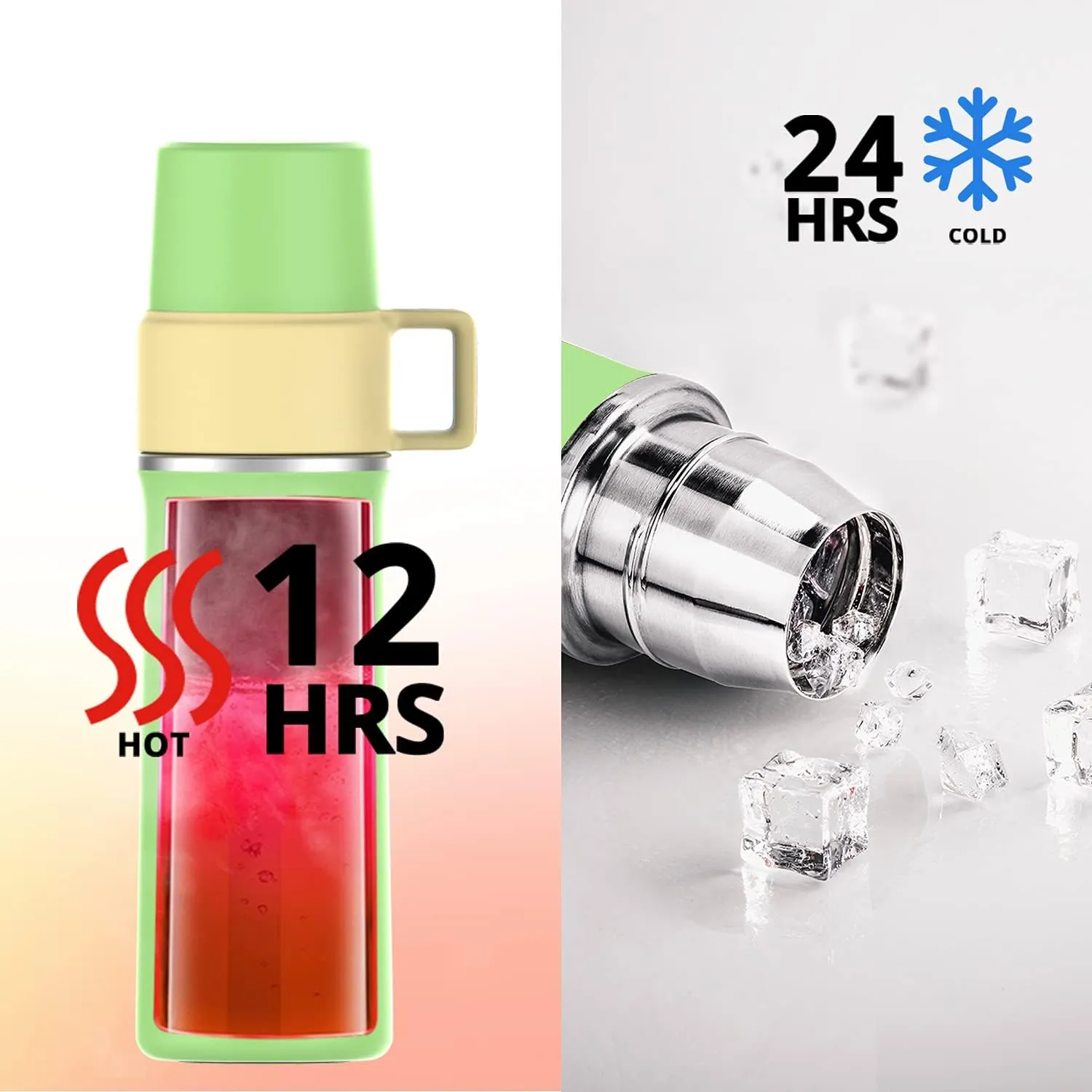 Insulated Stainless Steel Water Bottle with Cup, 21 OZ, Double-Walled Thermal Bottle for Hot & Cold Drinks, Light Green