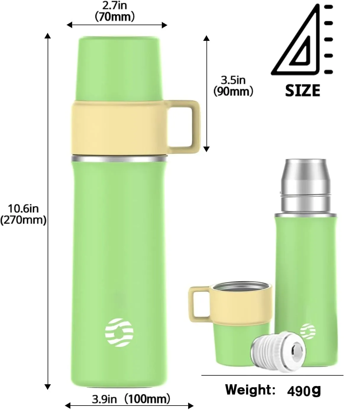 Insulated Stainless Steel Water Bottle with Cup, 21 OZ, Double-Walled Thermal Bottle for Hot & Cold Drinks, Light Green