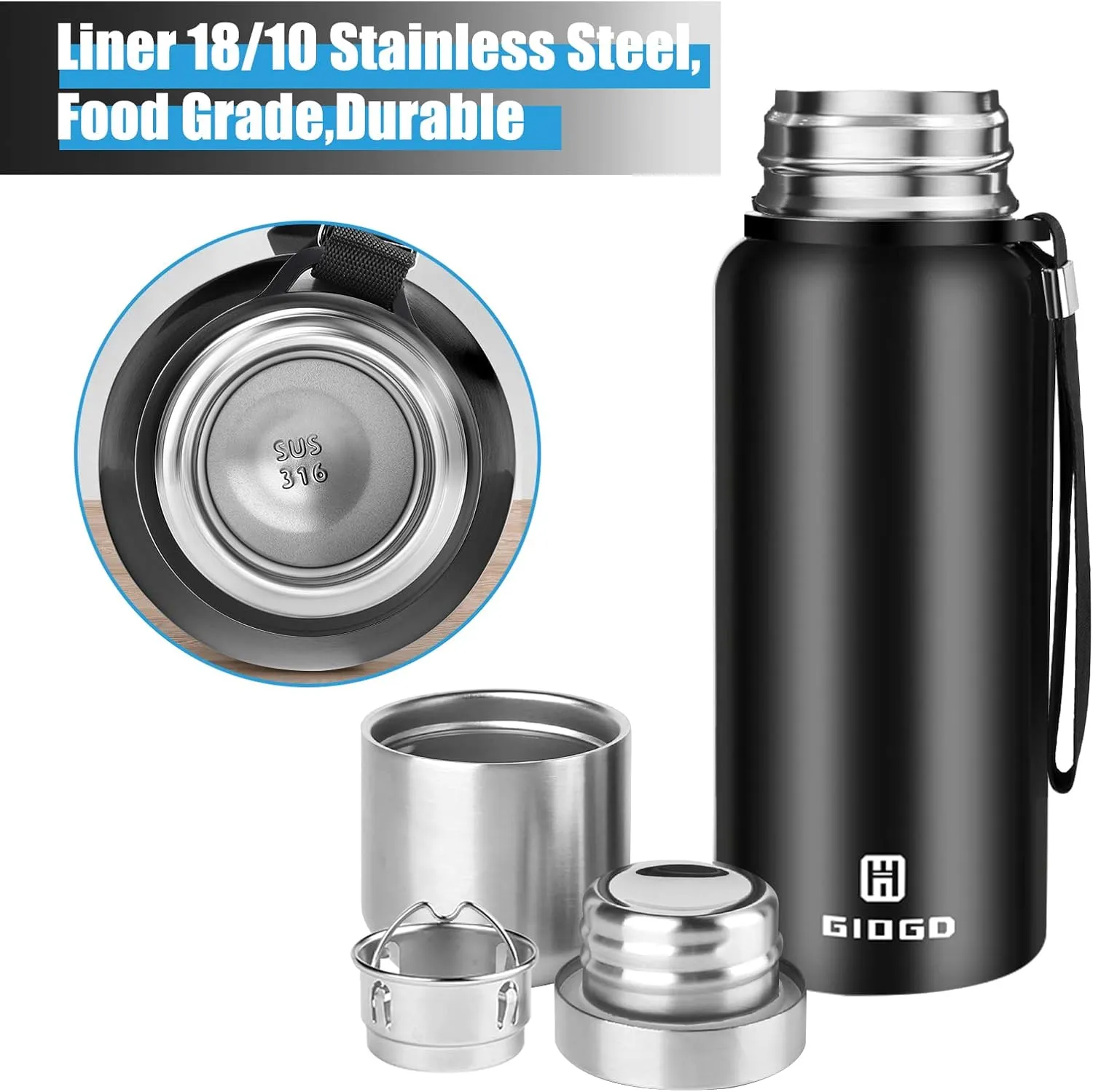 Insulated vacuum Thermo Bottle 500ml/16.9oz with cup Stainless steel coffee bottles for hot and cold drink water flask.(Black,500ml)
