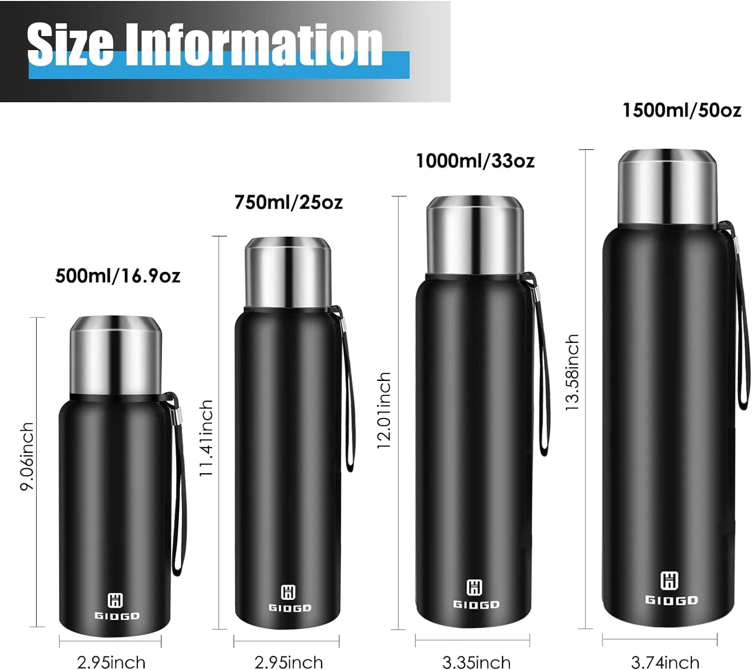 Insulated vacuum Thermo Bottle 500ml/16.9oz with cup Stainless steel coffee bottles for hot and cold drink water flask.(Black,500ml)