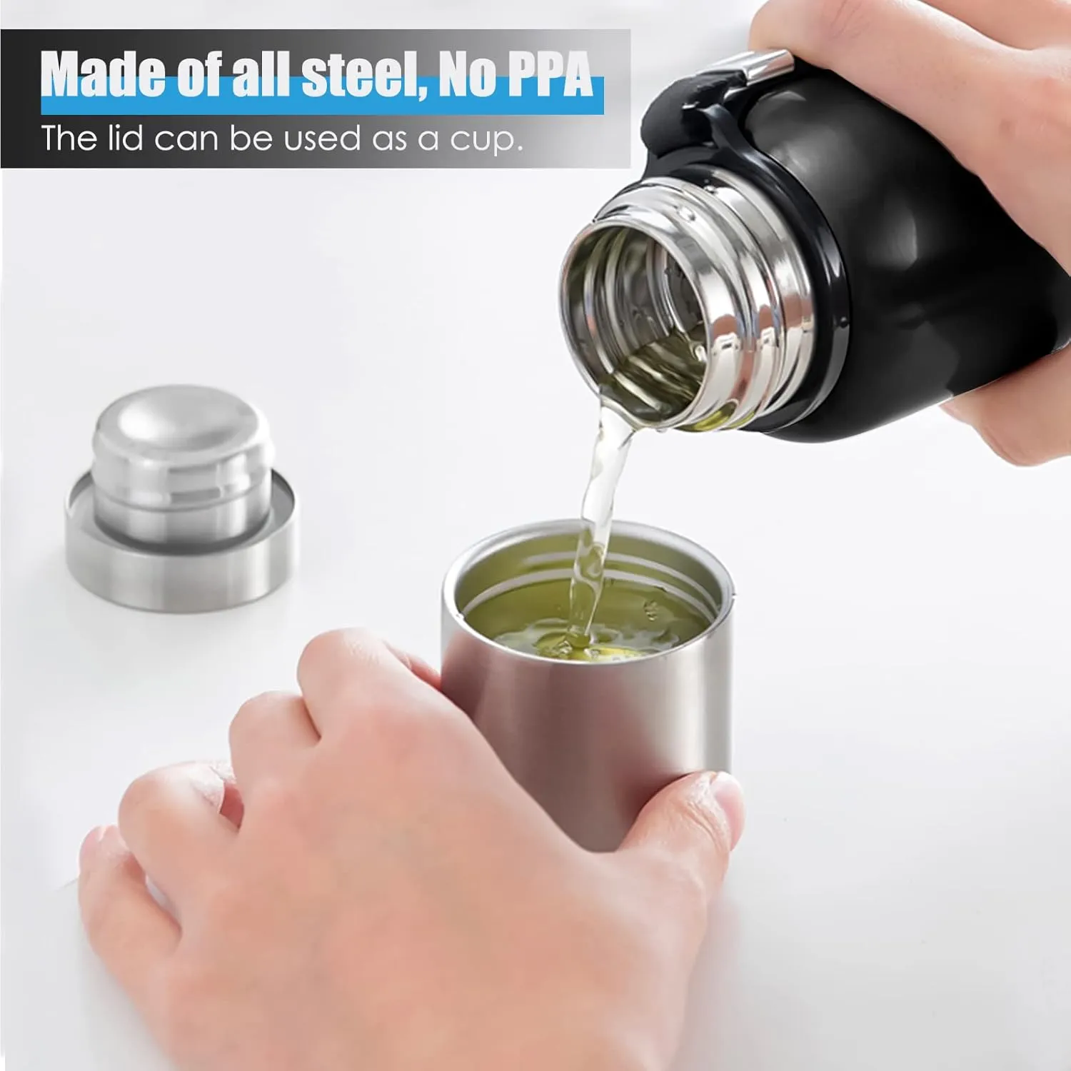 Insulated vacuum Thermo Bottle 500ml/16.9oz with cup Stainless steel coffee bottles for hot and cold drink water flask.(Black,500ml)
