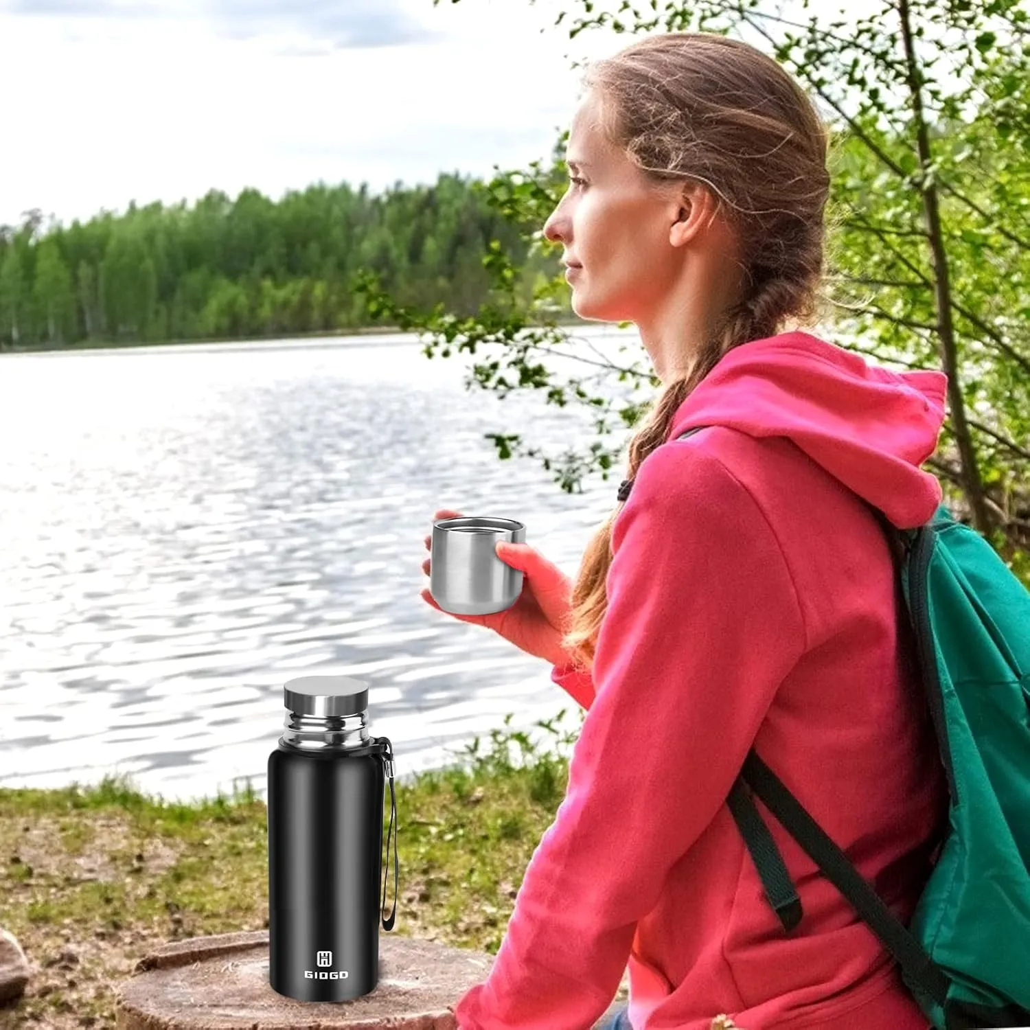 Insulated vacuum Thermo Bottle 500ml/16.9oz with cup Stainless steel coffee bottles for hot and cold drink water flask.(Black,500ml)