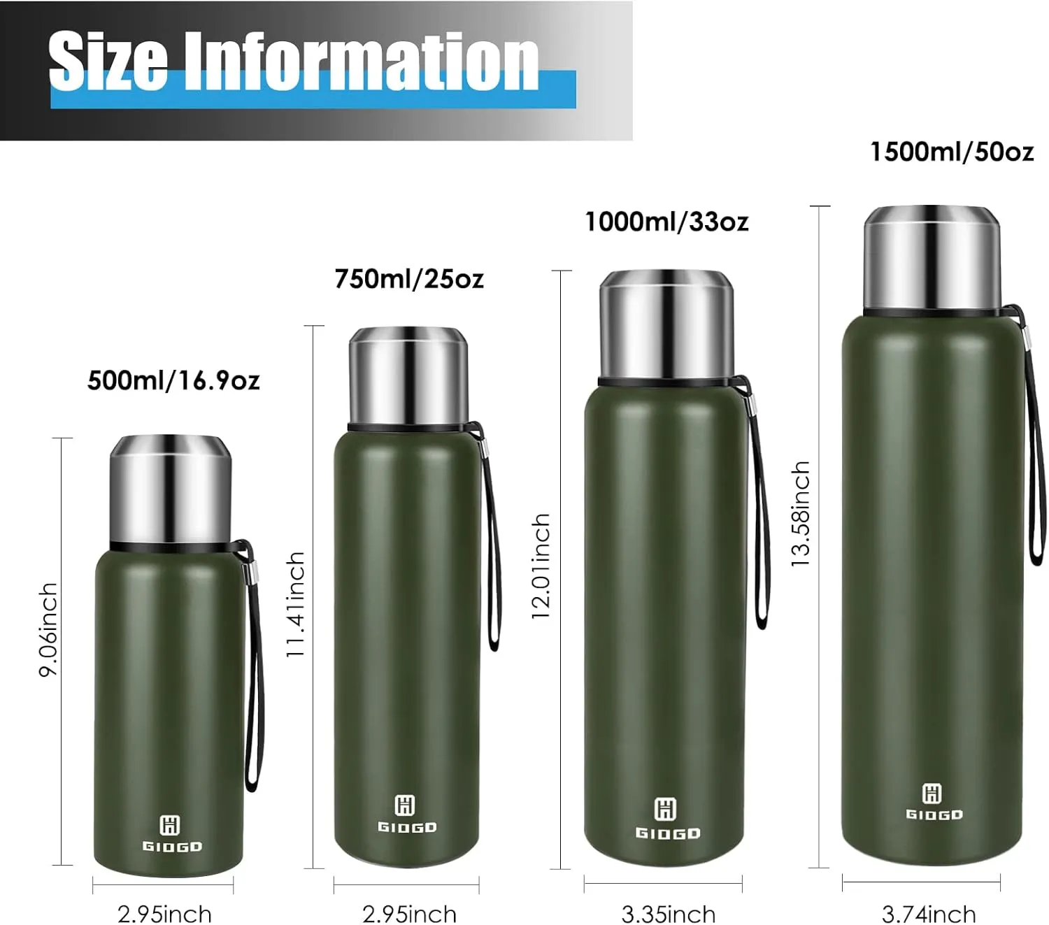 Insulated vacuum Thermo Bottle 750ml/25.4oz with cup Stainless steel coffee bottles for hot and cold drink water flask.(Green,750ml)