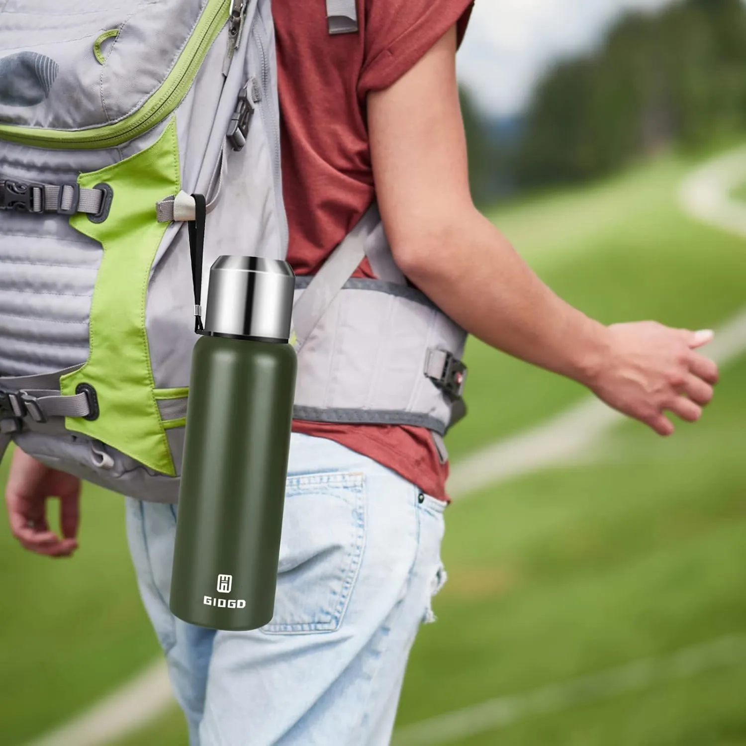 Insulated vacuum Thermo Bottle 750ml/25.4oz with cup Stainless steel coffee bottles for hot and cold drink water flask.(Green,750ml)