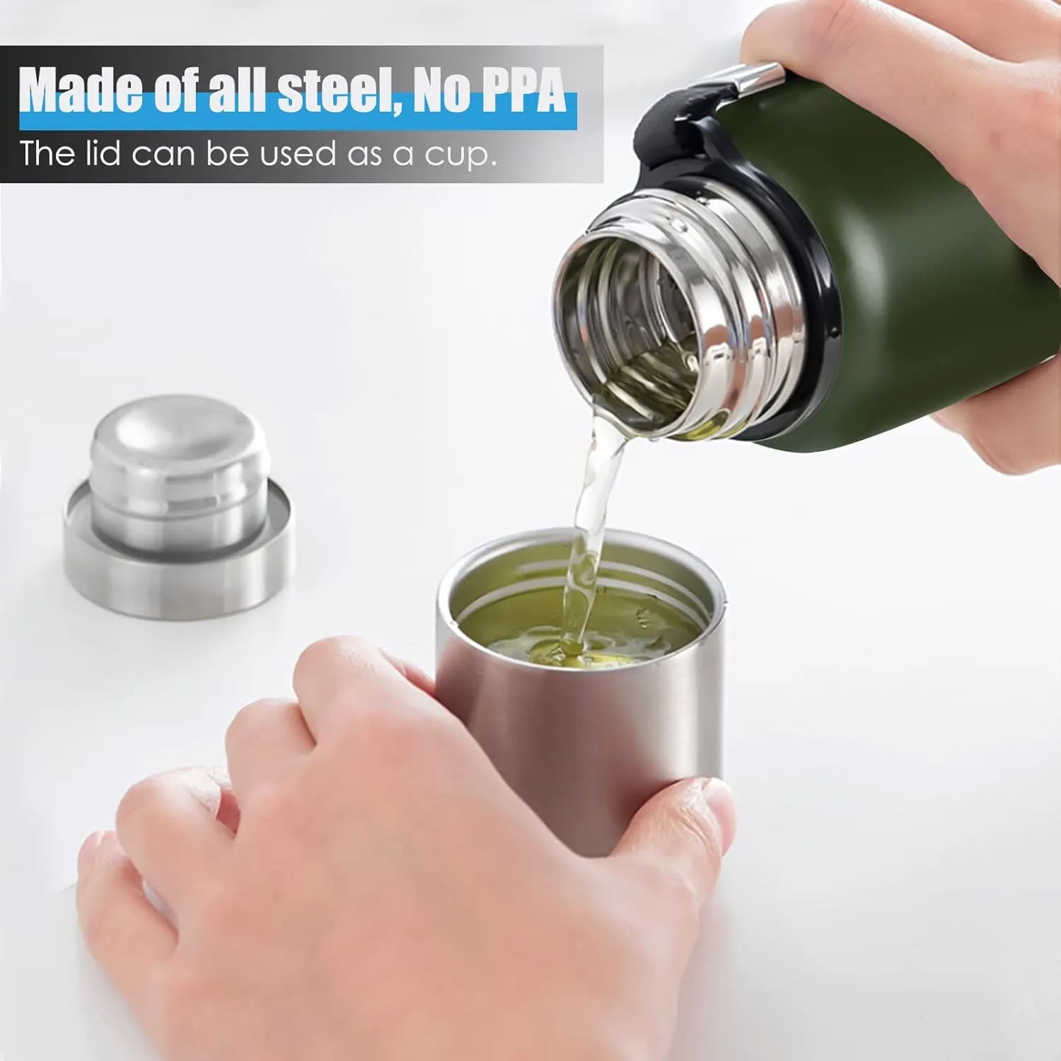 Insulated vacuum Thermo Bottle 750ml/25.4oz with cup Stainless steel coffee bottles for hot and cold drink water flask.(Green,750ml)