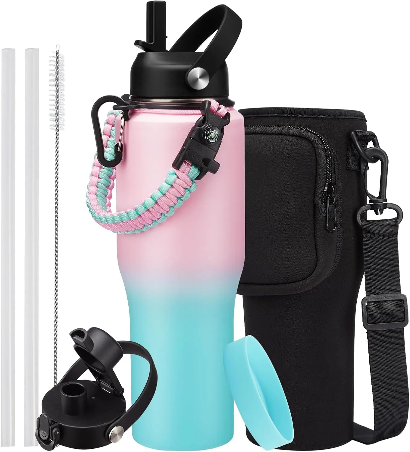 Insulated Water Bottle 32OZ That Fits in Cup Holder - Metal Travel Mug Insulated Cup Water Bottle Straw & Spout Lids, Paracord Handle, Carrying Case with Strap, Double Wall Vacuum Thermo Coffee Mug